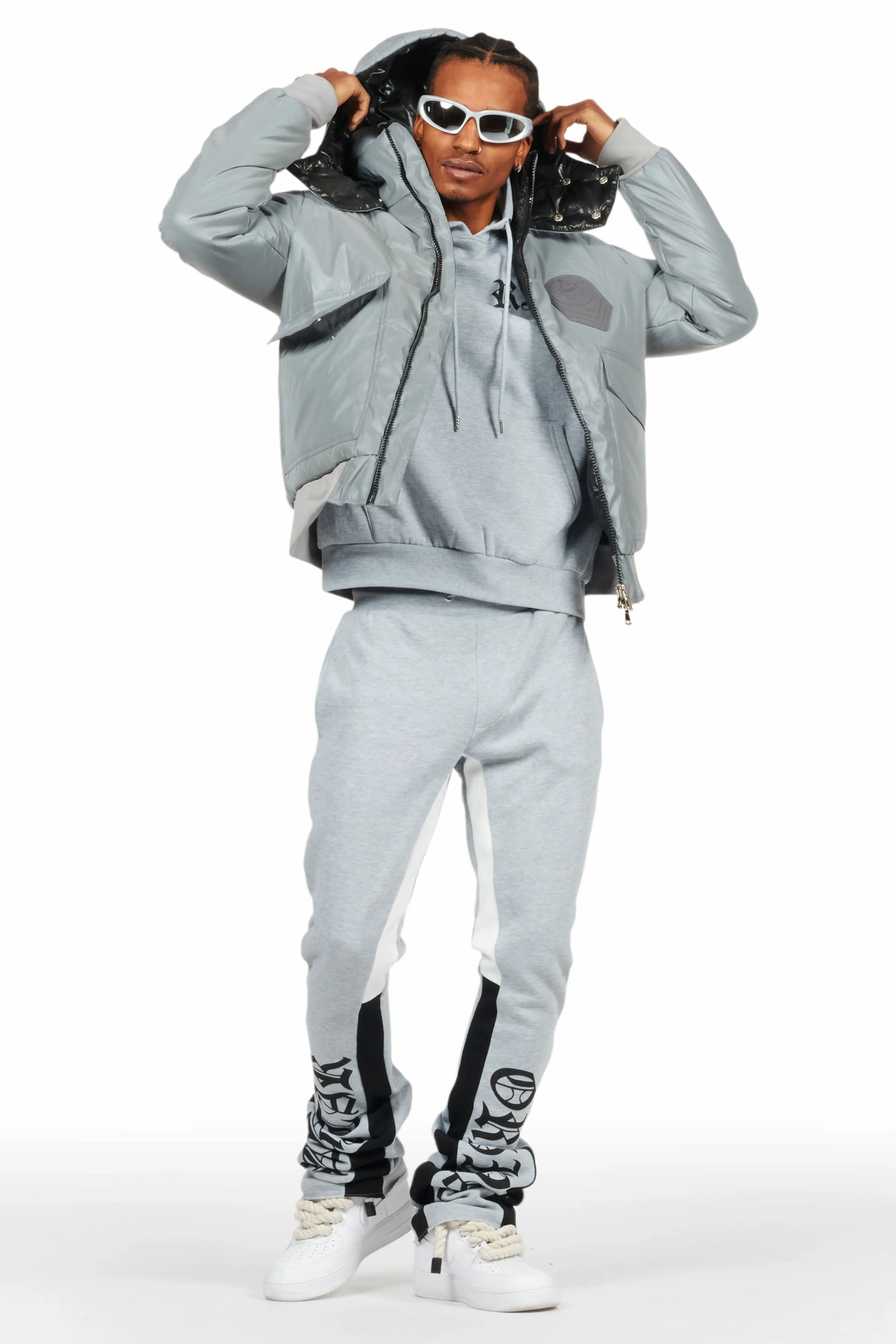 Alonzo Heather Grey Stacked Flare Hoodie Track Set
