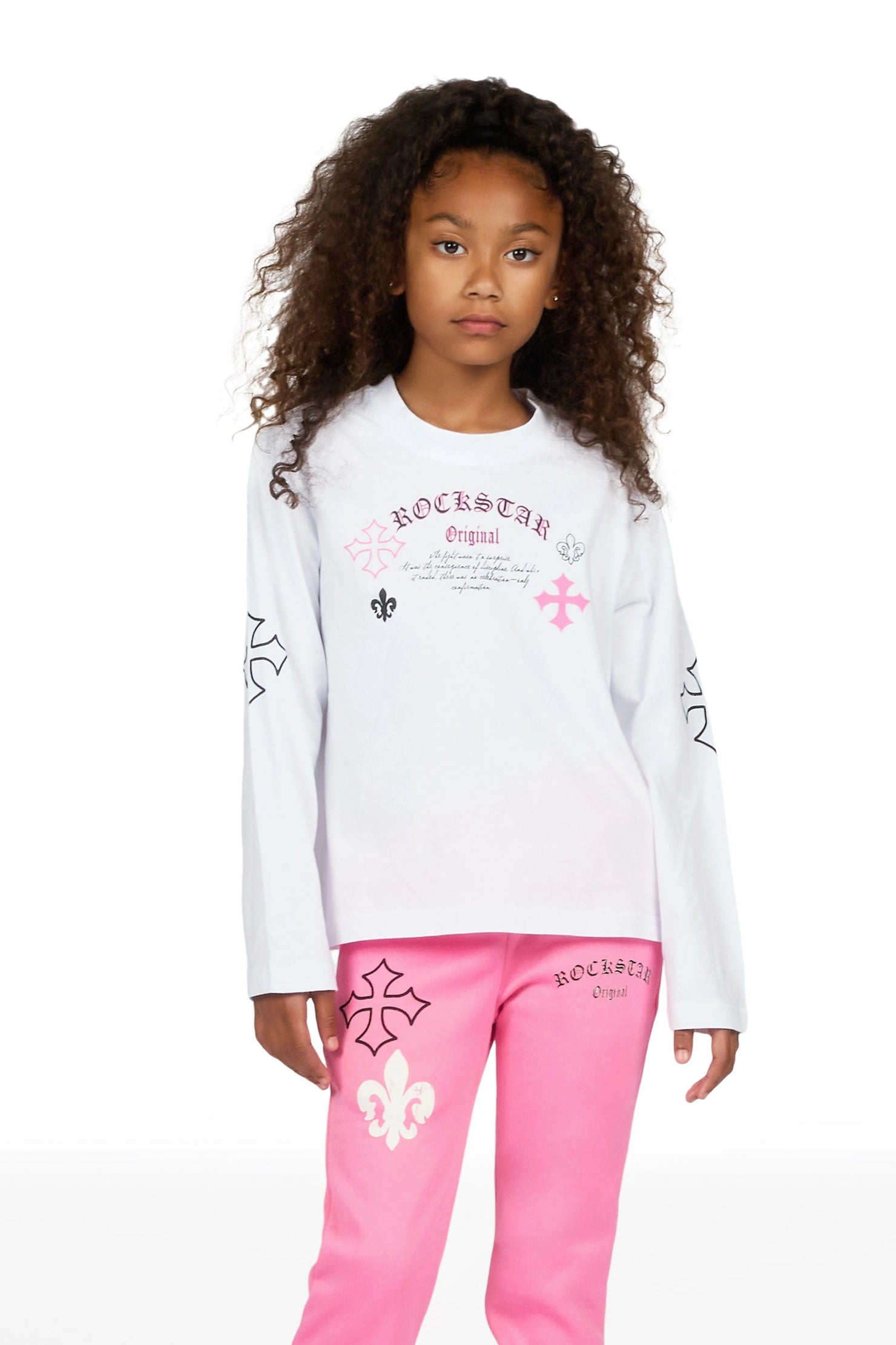 Girls Deshunique White/Pink Long Sleeve T-Shirt Track Set