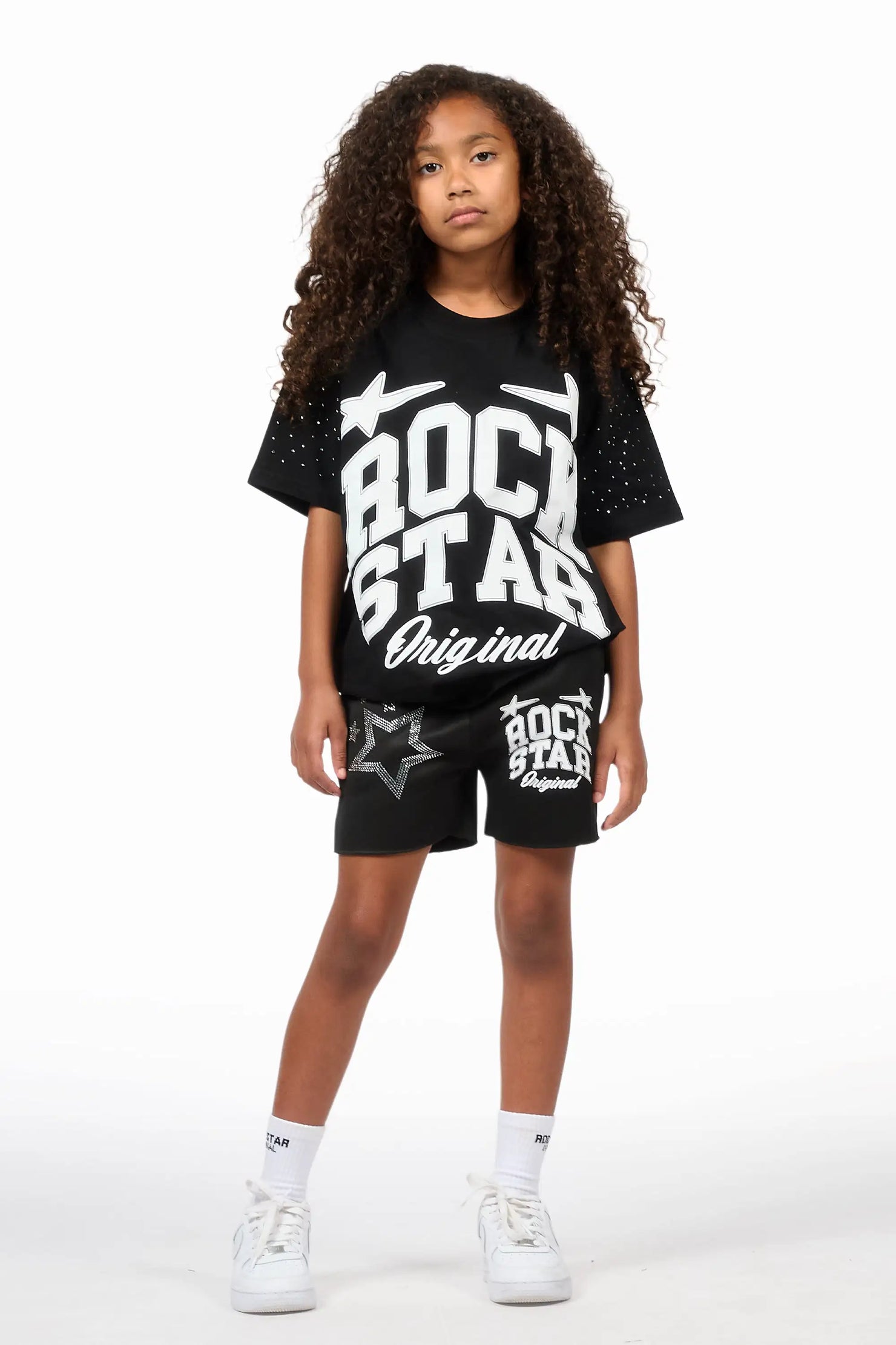 Girls Flaveya Black/Wite Rhinestone T-Shirt Short Set