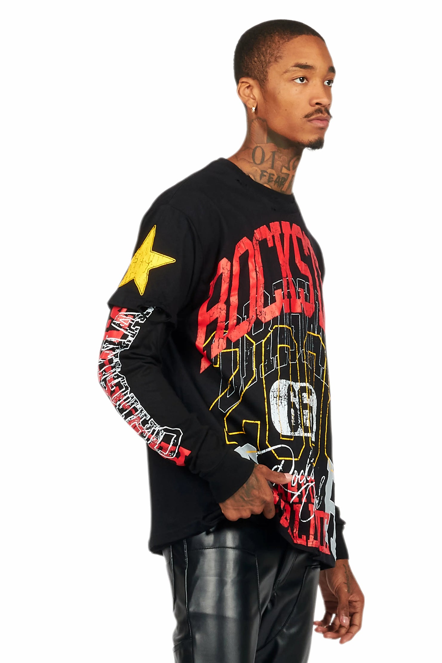 Santie Black Double Layer Long Sleeve Graphic T-Shirt