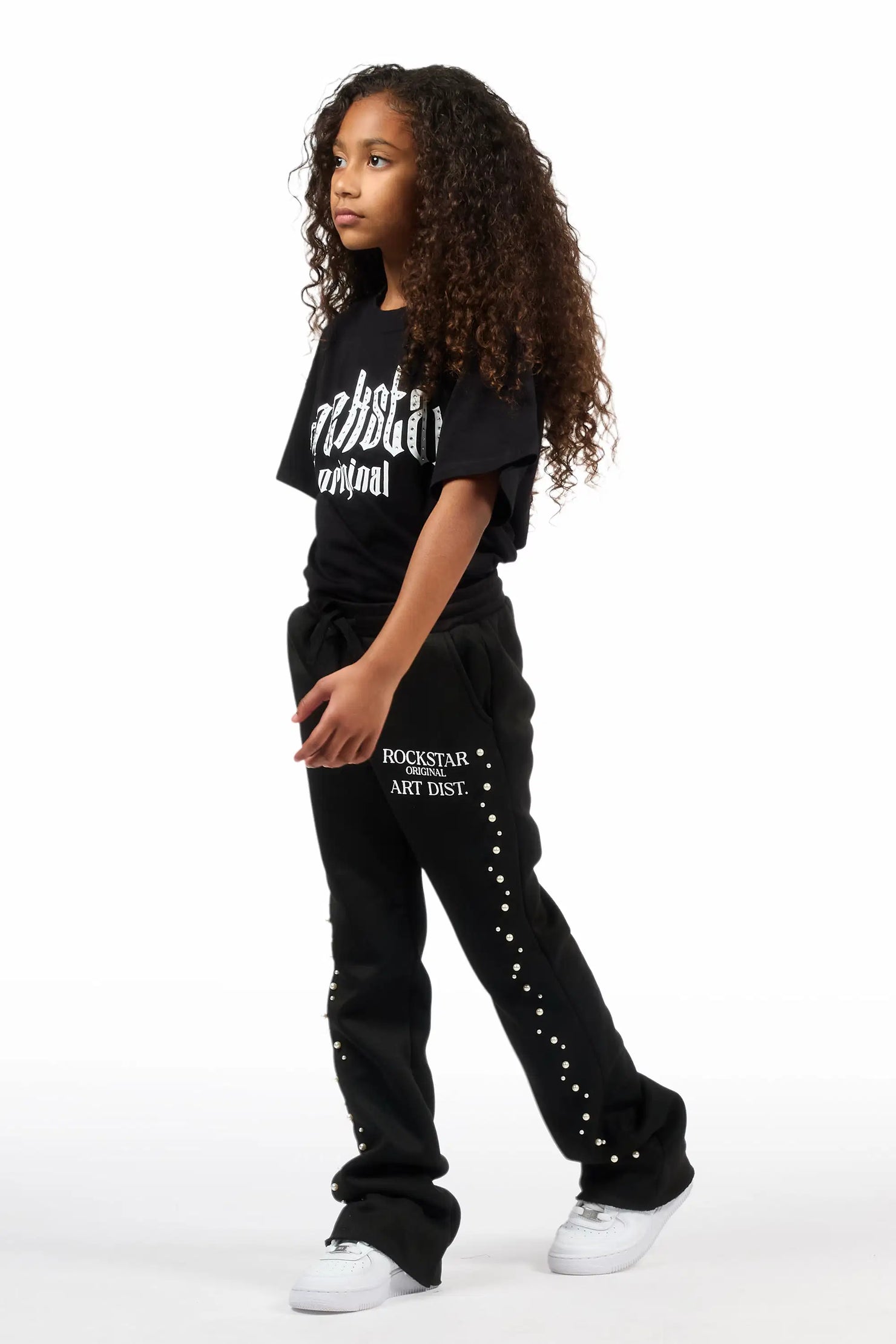 Girls Nikkia Black Pearl Stacked Track Pant