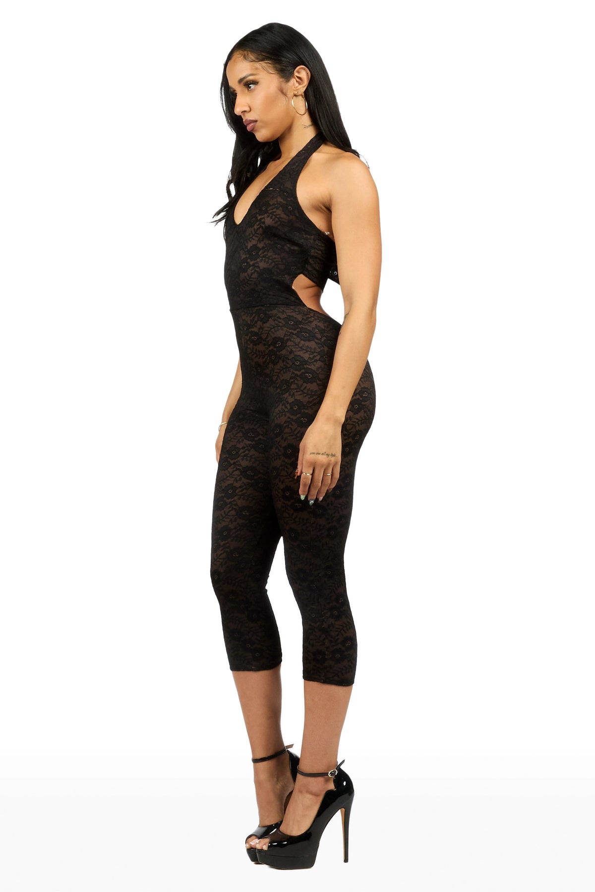 Lacey Floral Black Capri Jumpsuit