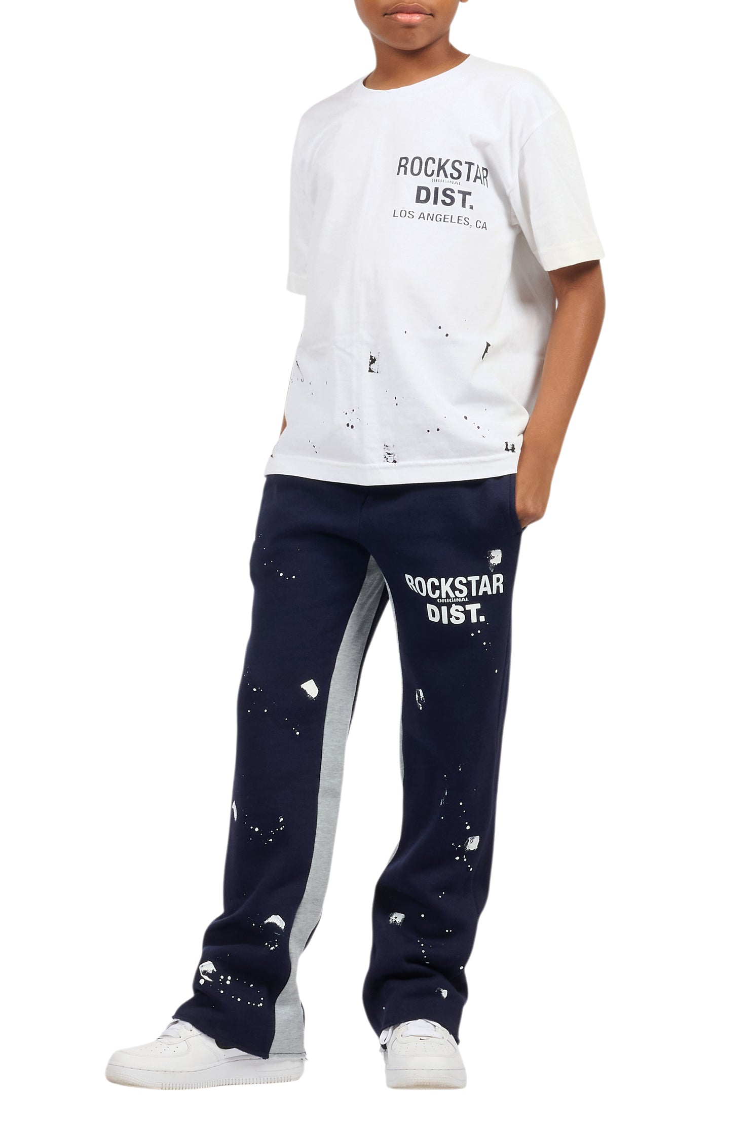 Boys Raffer White/Navy T-Shirt/Baggy Stacked Pant Set
