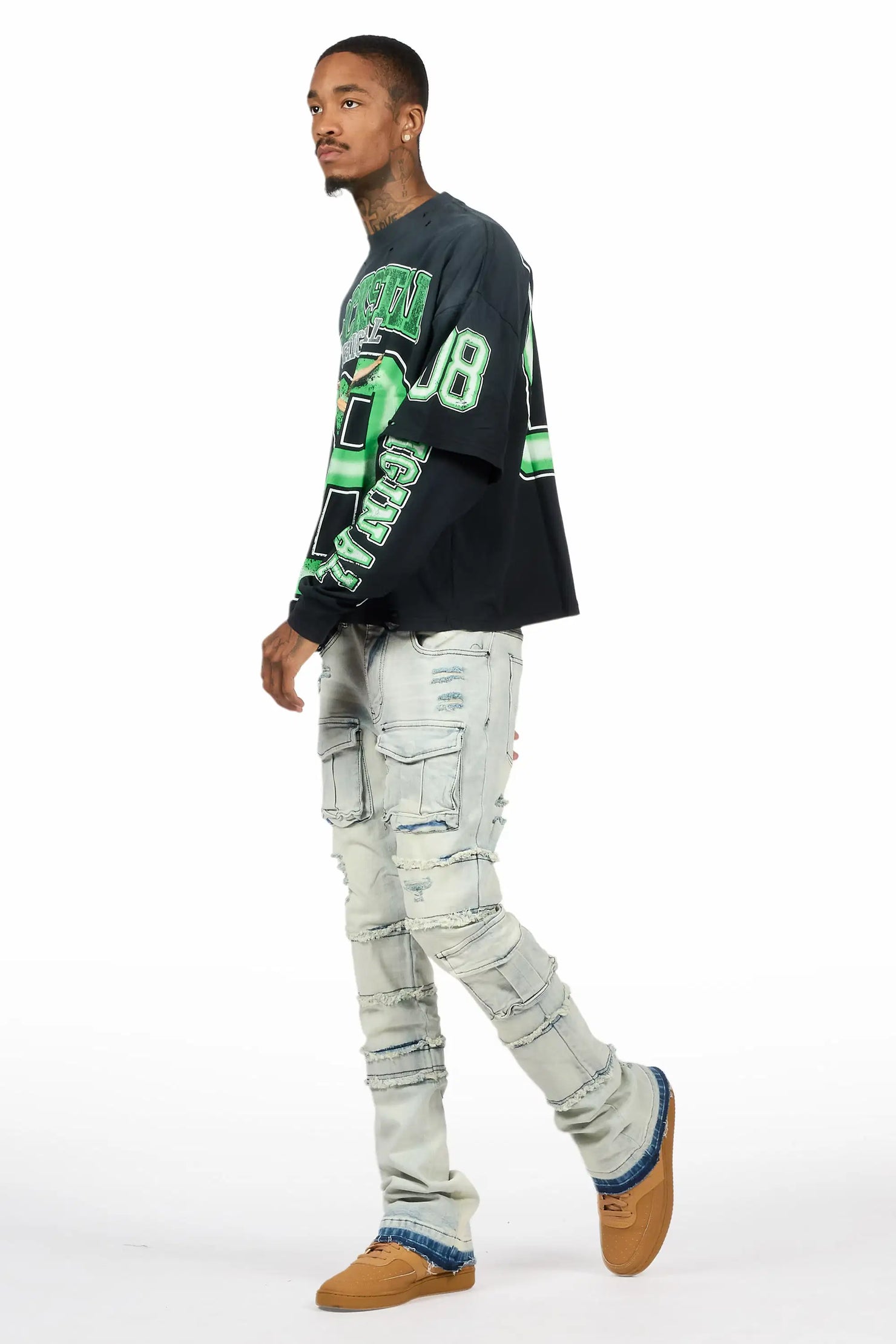 Folant Light Blue Stacked Cargo Flare Jean