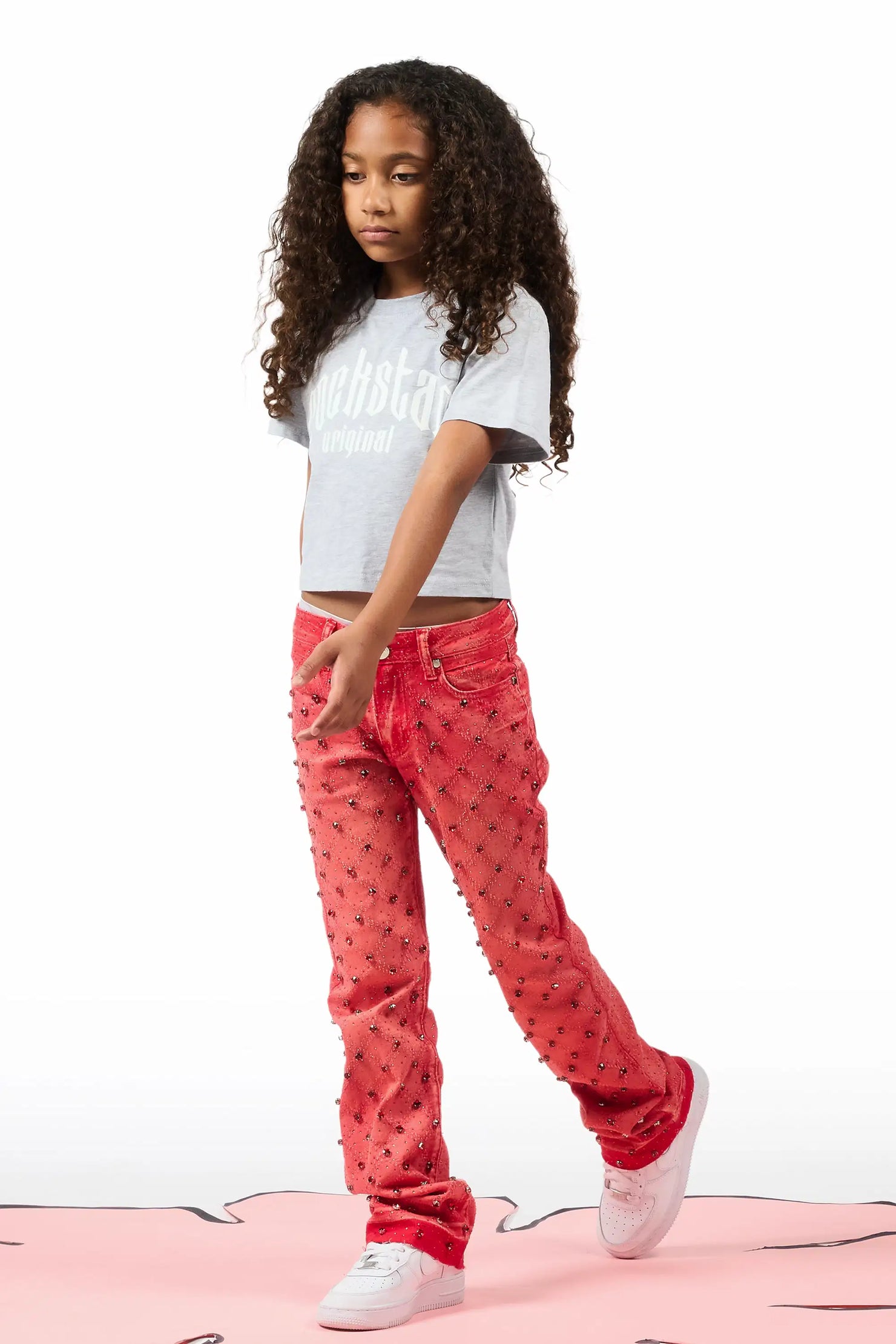 Girls Glit Red Rhinestone Stacked Flare Jean