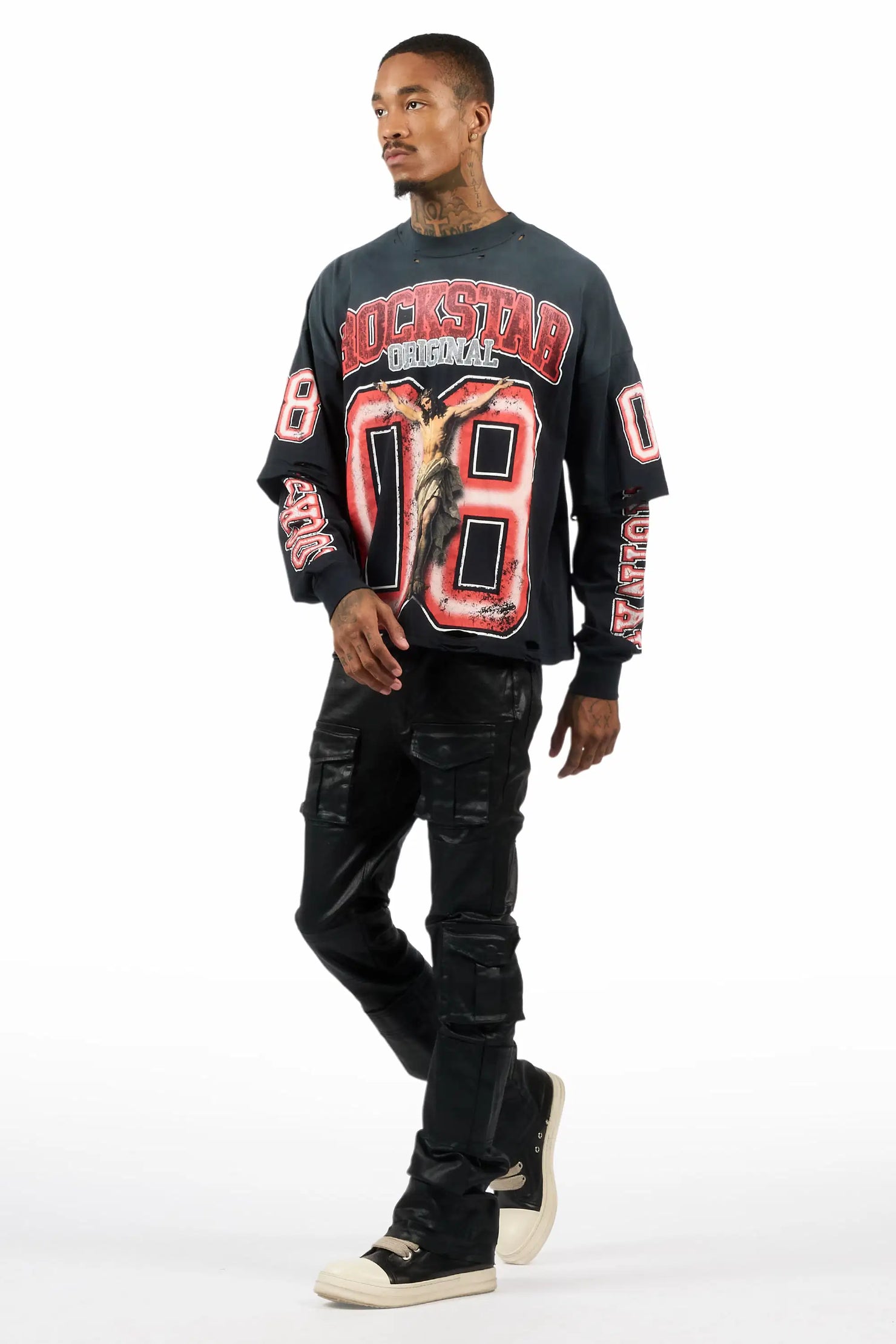 Folant Black Stacked Flare Coated Pant