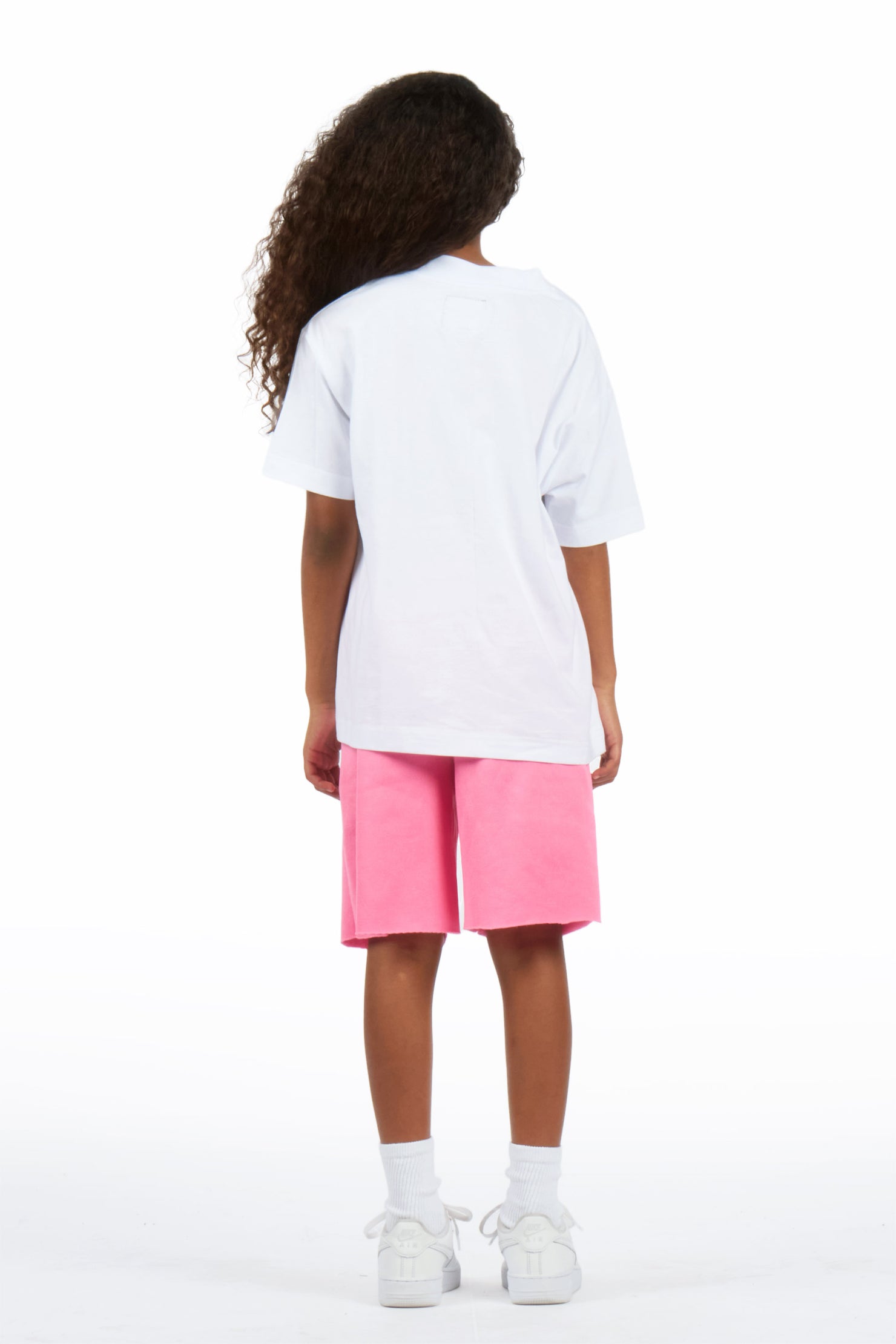 Girls Tarie White/Pink Oversized T-Shirt Short Set