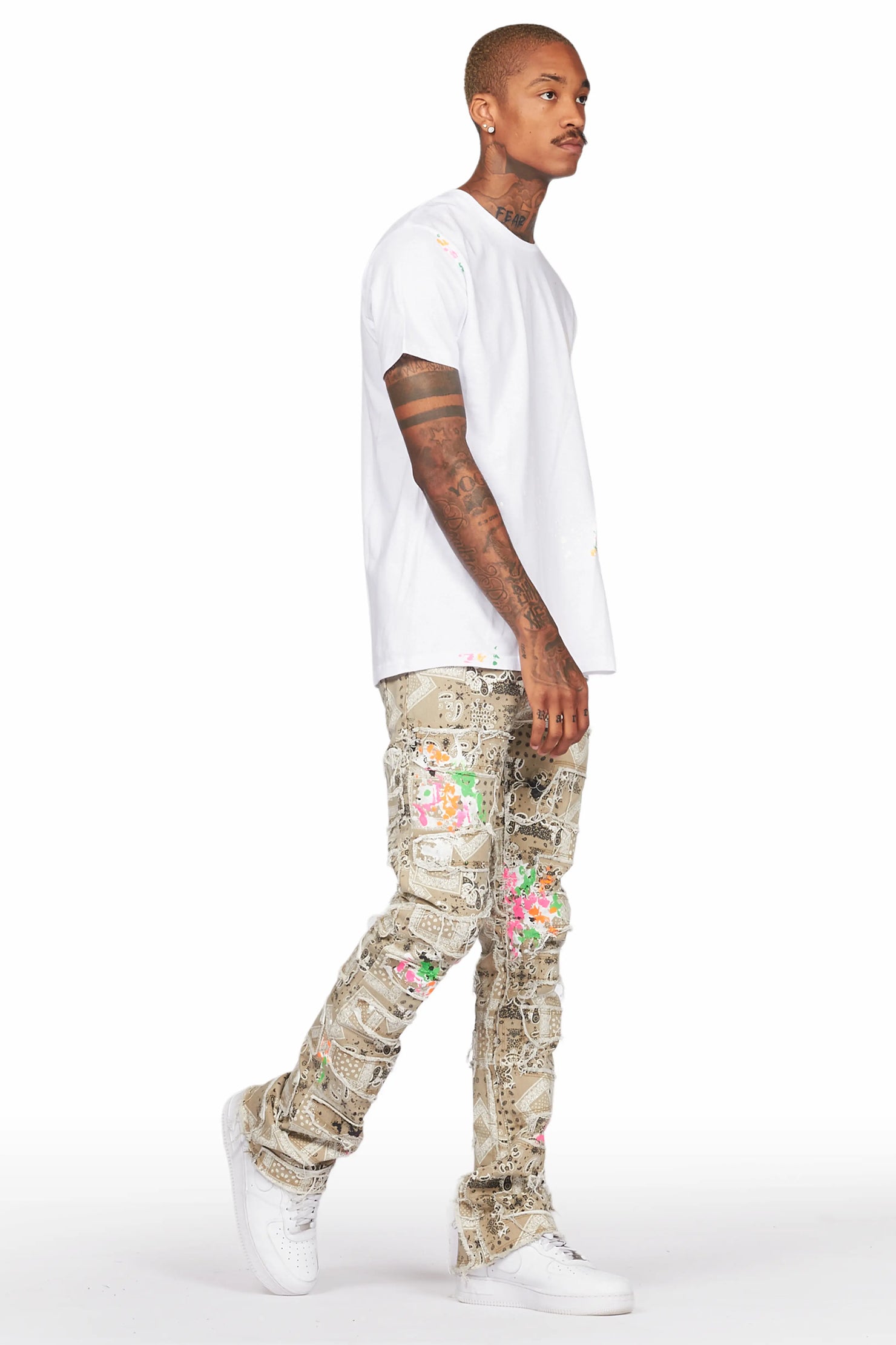 Kavi White/Beige T-Shirt/Stacked Flare Jean Set