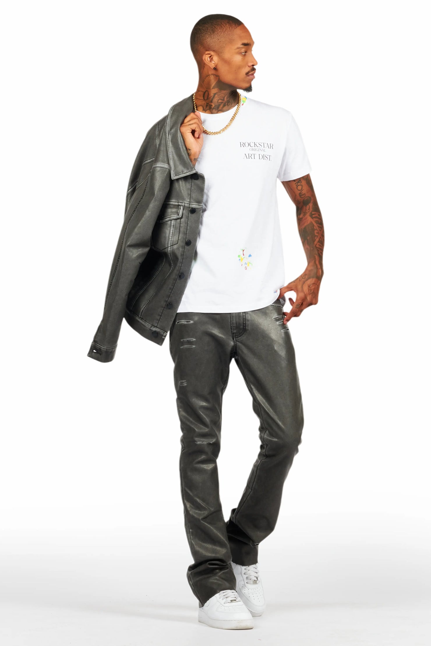 Deco Black Distressed PU Stacked Flare Jean