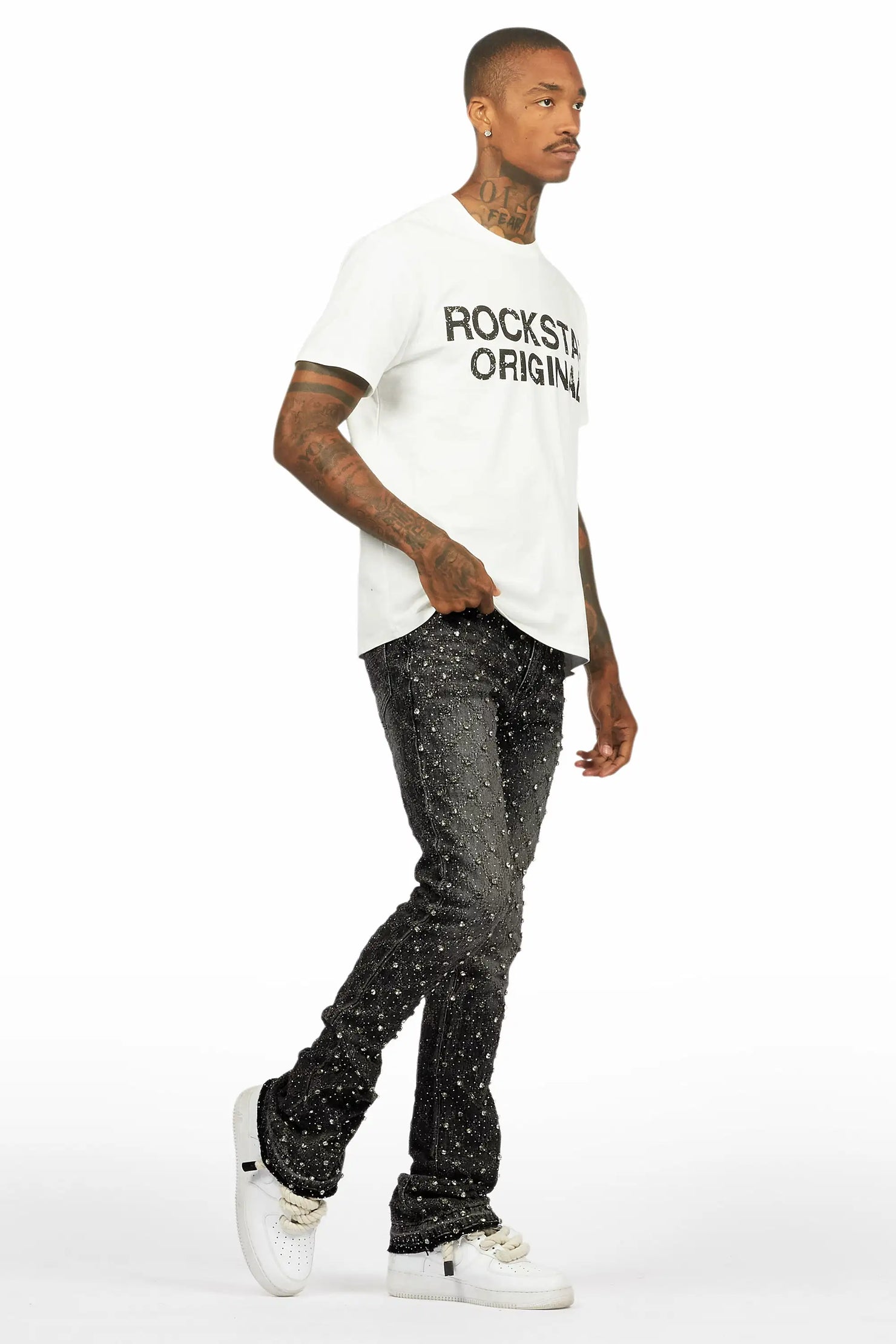 Glit Dark Grey Rhinestone Stacked Flare Jean