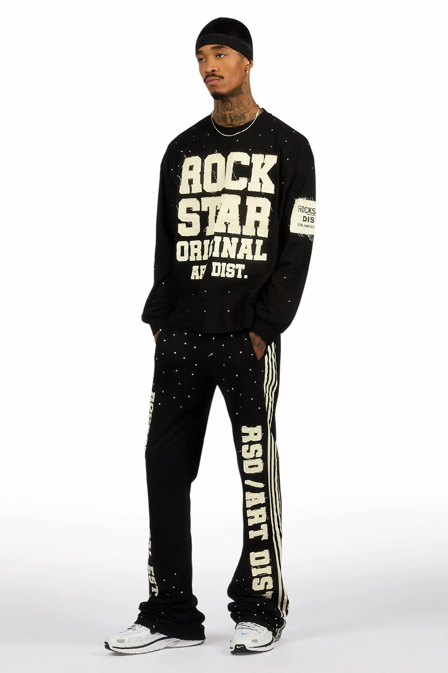Yulian Black Rhinestone Long Sleeve T-Shirt/Baggy Stacked Track Set