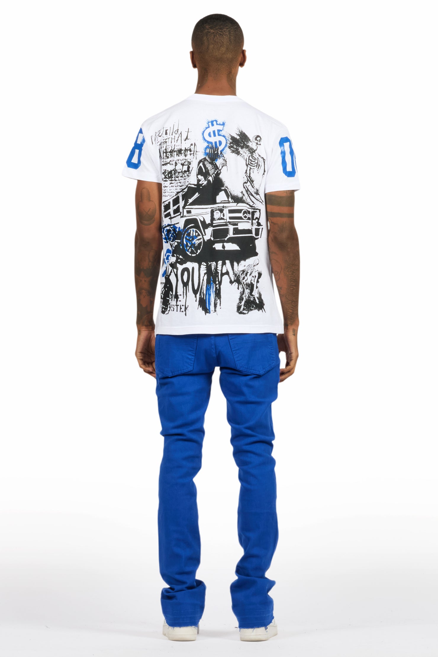 Grill White/Royal Blue Oversized Graphic T-Shirt/Dag Stacked Flare Jean Set