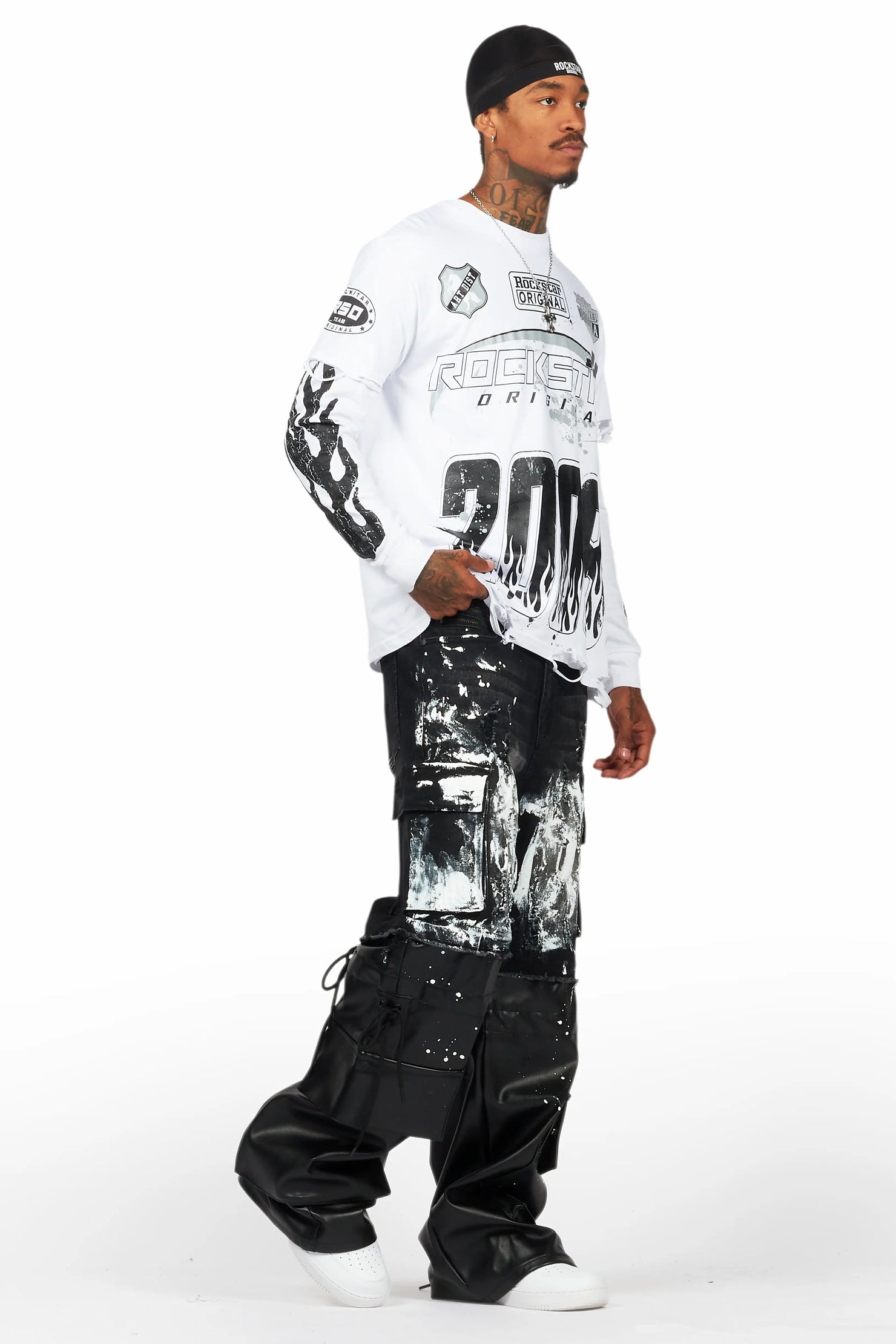 Amos White/Black Double Layer Long Sleeve Graphic T-Shirt