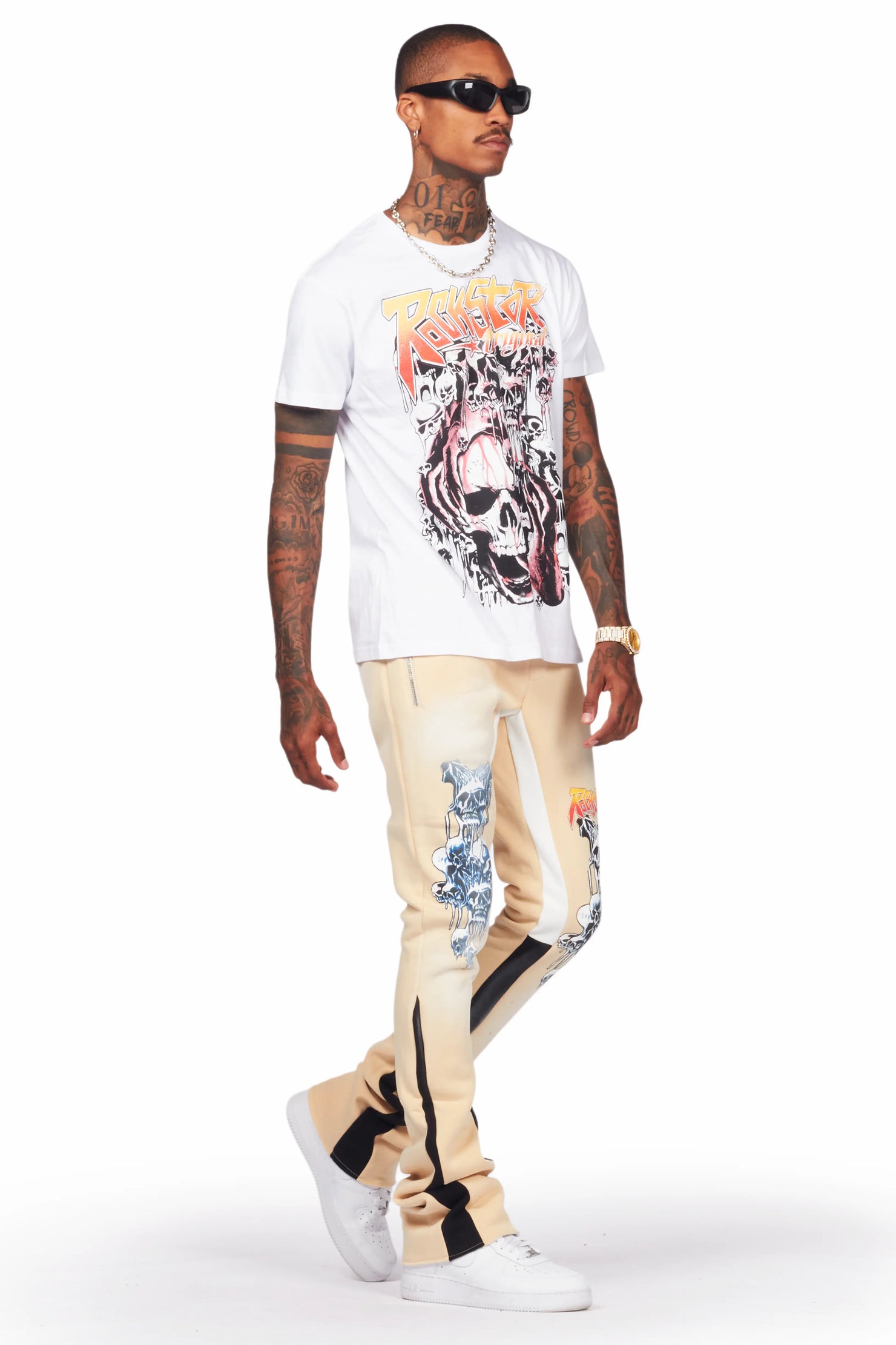 Grady White/Beige T-Shirt/Stacked Flare Track Set