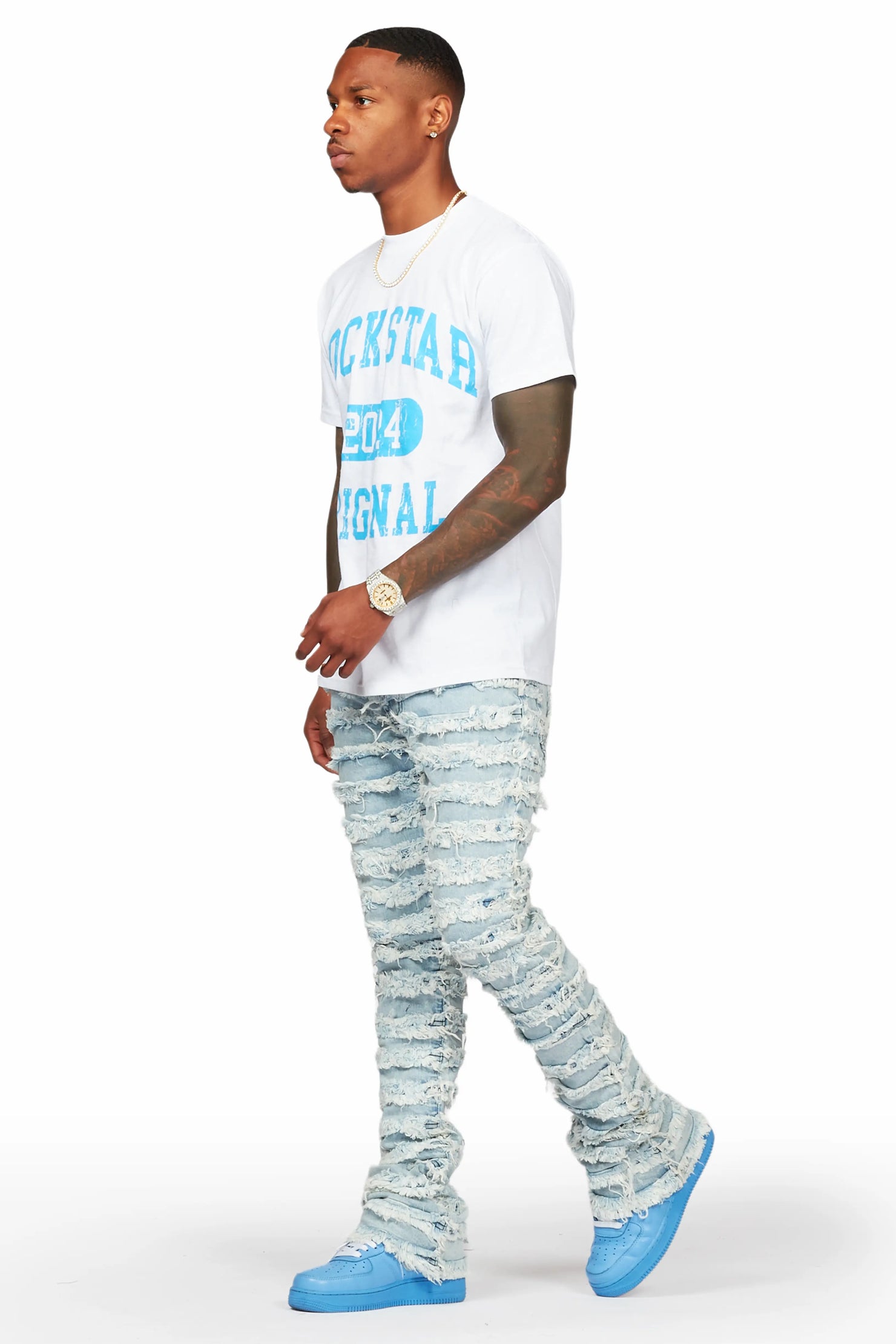 Members White T-Shirt & Ayan Blue Stacked Flare Jean