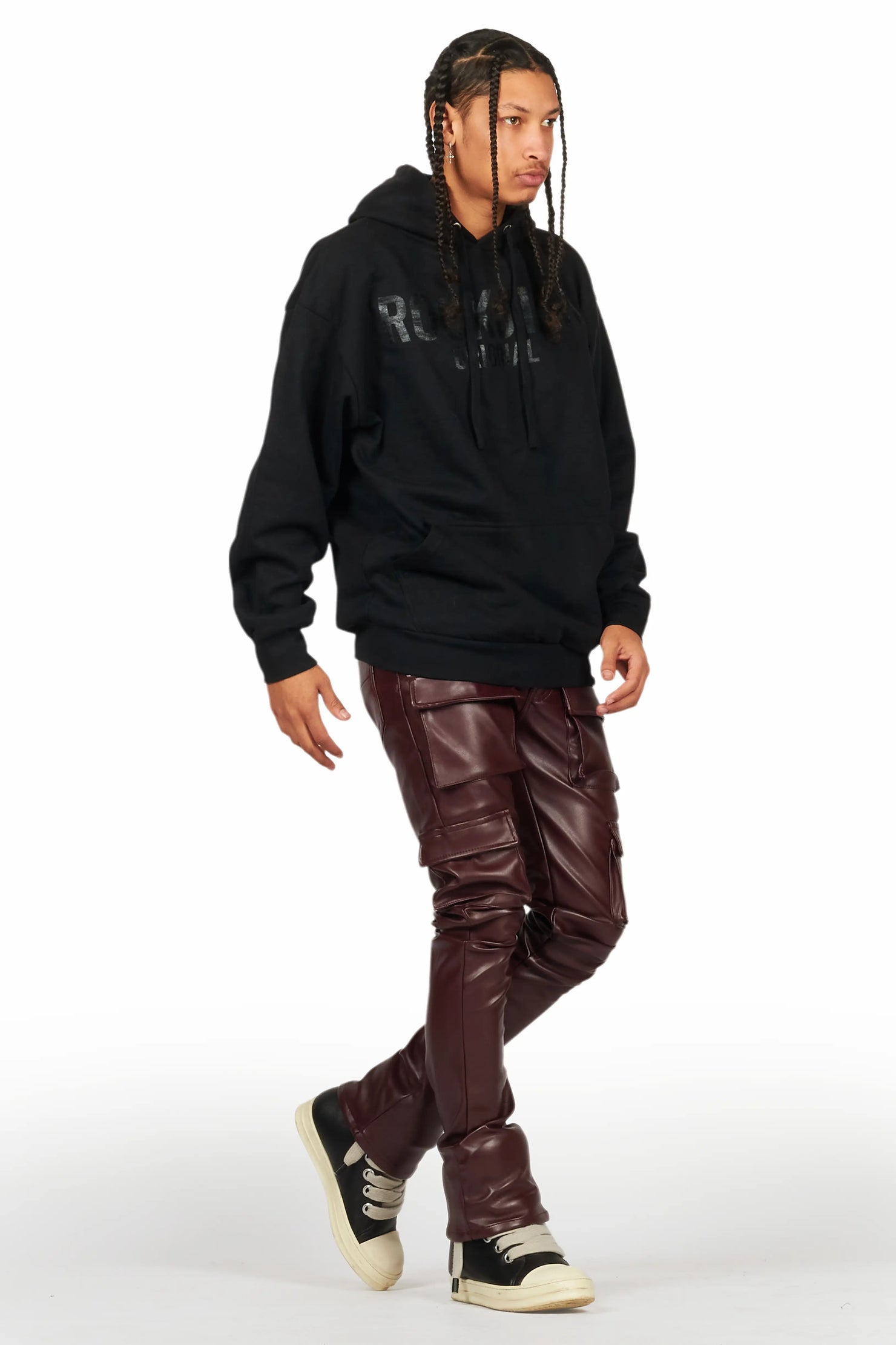 Kap Burgundy Stacked Flare Faux Leather Jean
