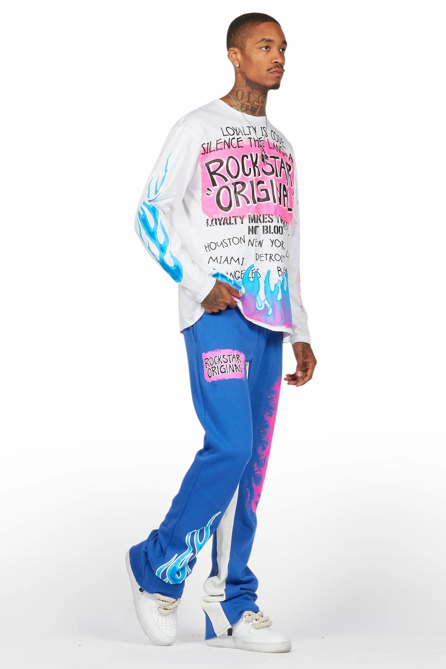 Beno White/Royal Long Sleeve T-Shirt/Baggy Pant Set