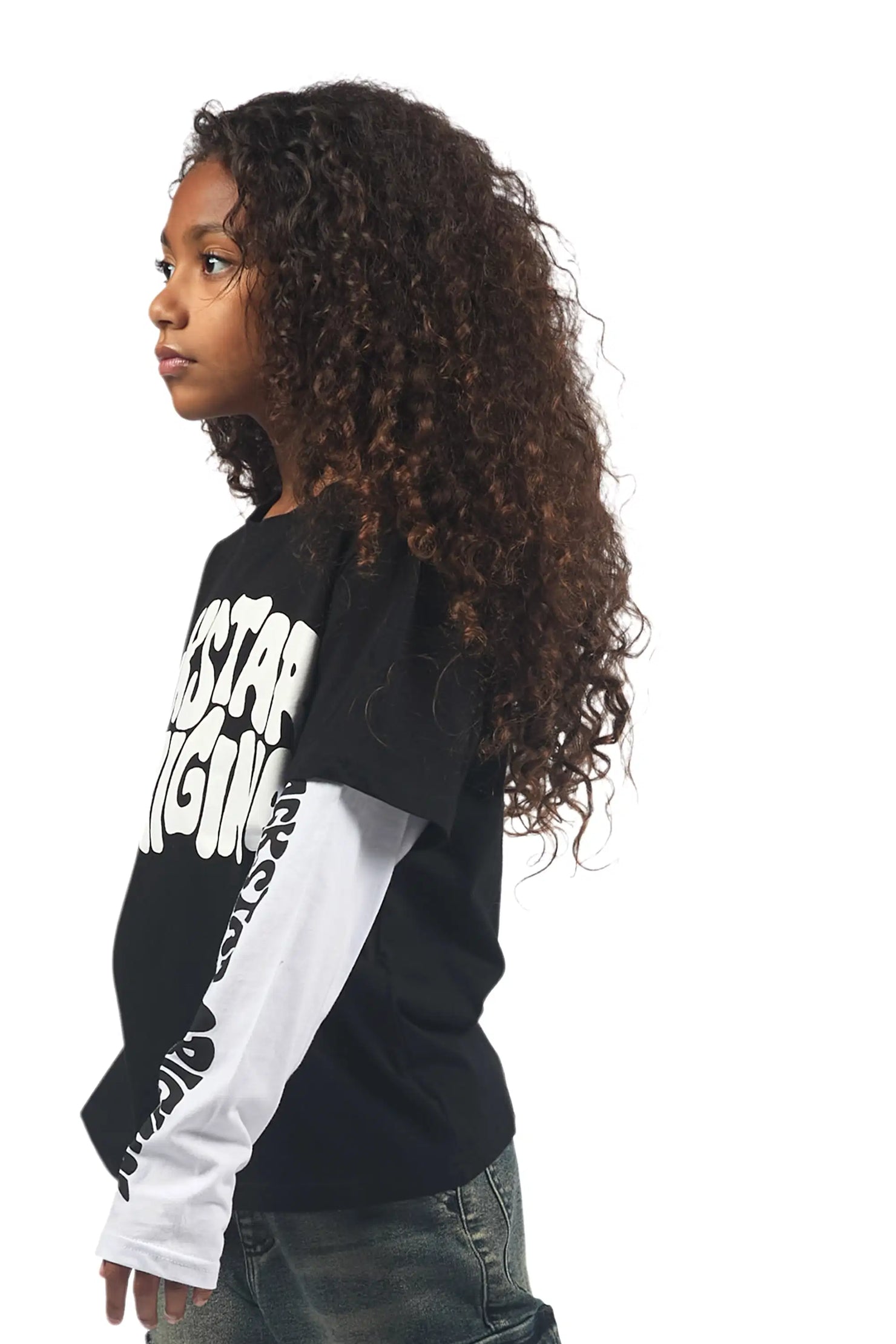 Girls Monique Black/White Double Layer L/S Graphic T-Shirt
