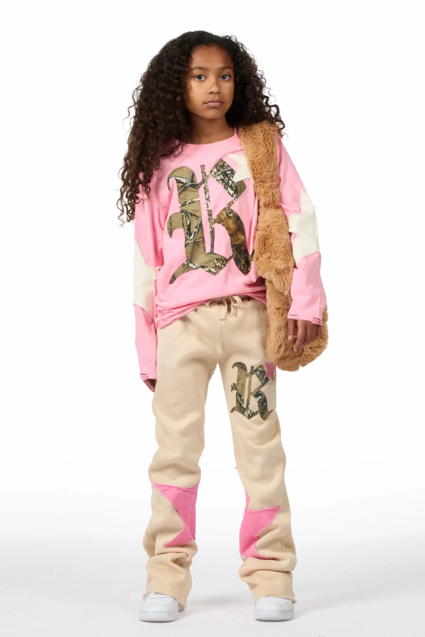 Girls Delgera Pink/Beige Long Sleeve T-Shirt Track Set