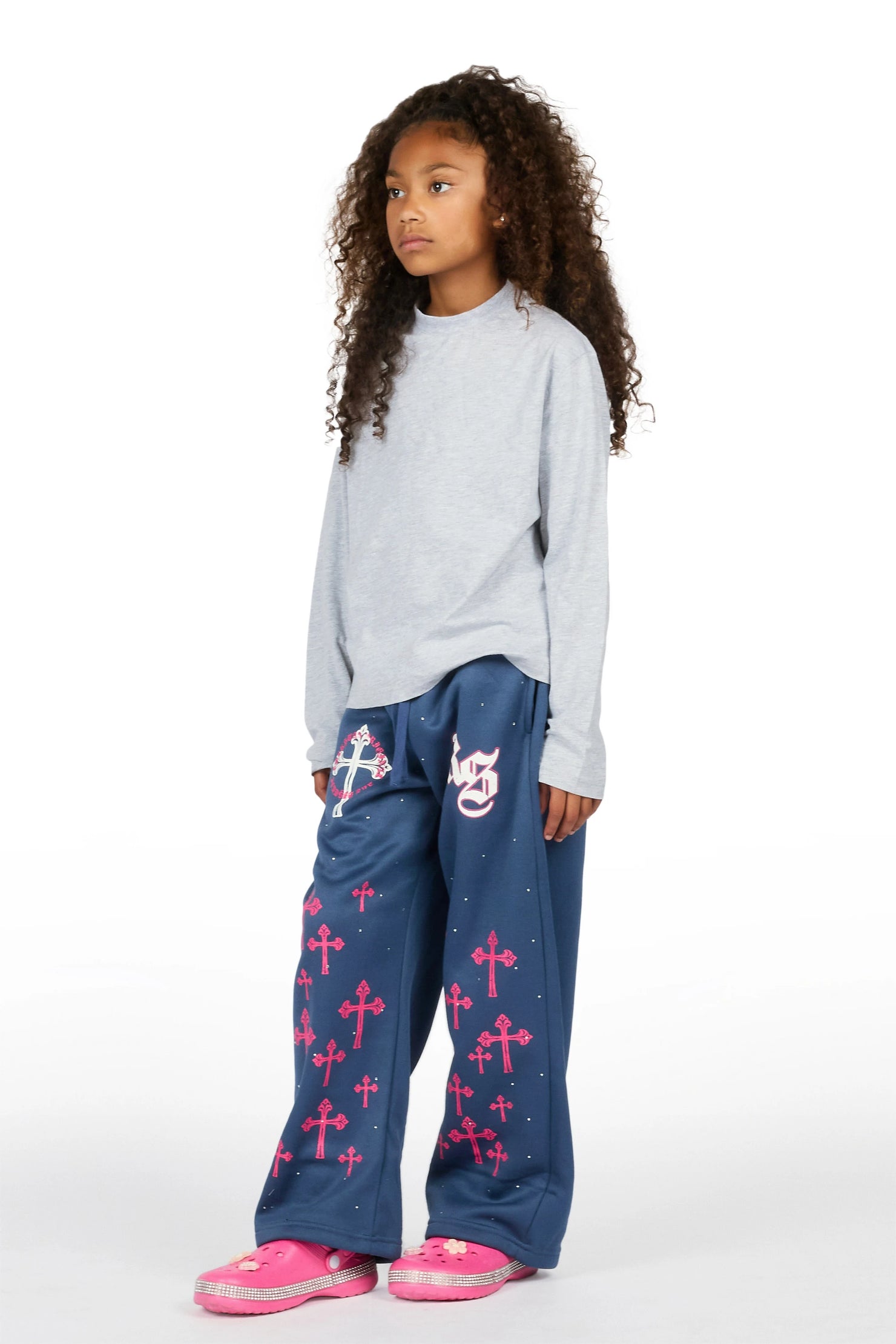 Girls Tonnea Navy Rhinestone Super Baggy Track Pant