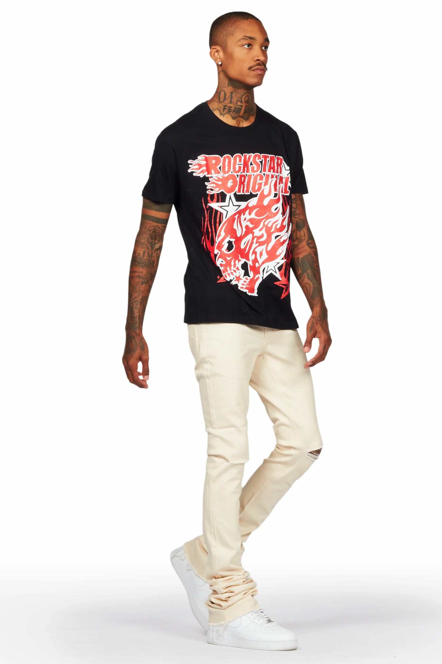 Smitty Black T-Shirt & Josiah Beige Super Stacked Flare Jean Bundle