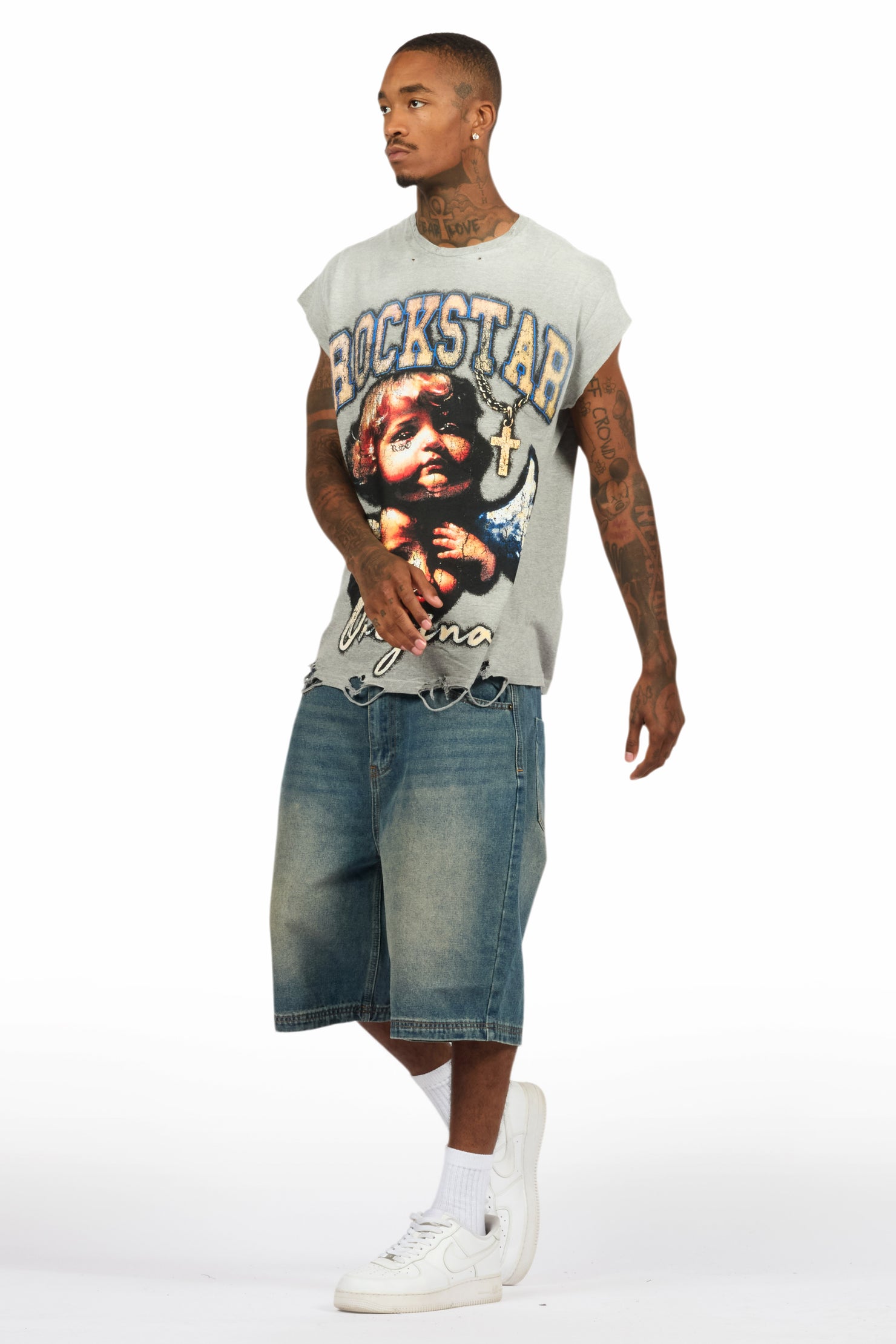 Deiter Heather Grey Muscle Tee/Denim Jort Set