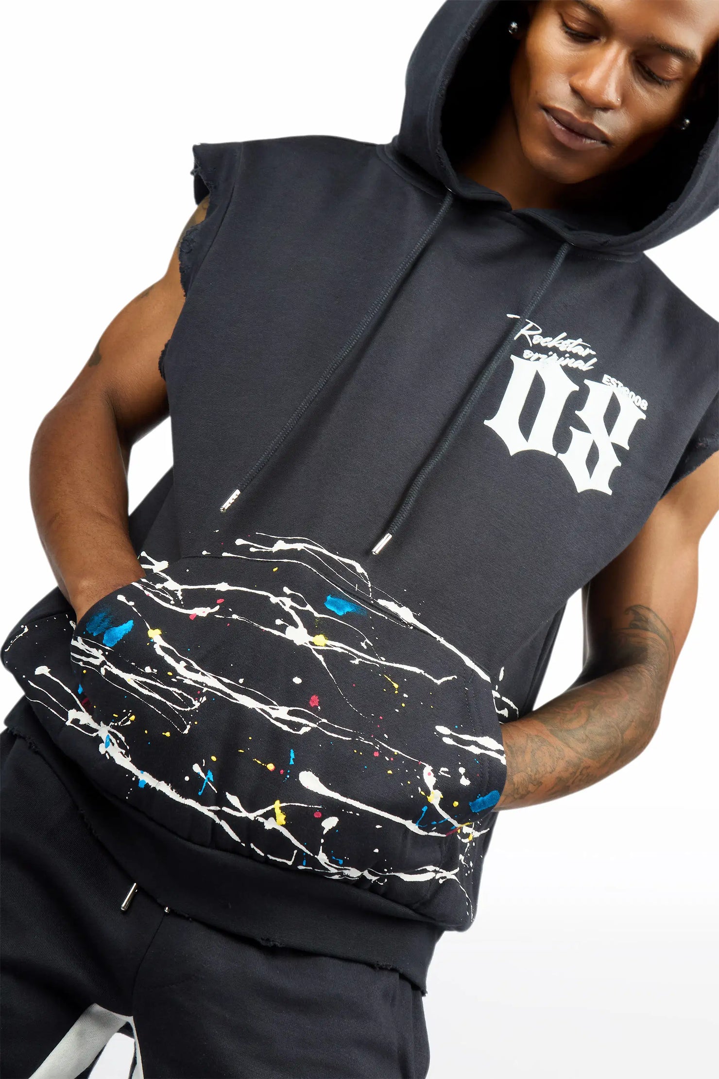 Horia Charcoal/Multi Cut Sleeve Hoodie/Stacked Pant Track Set