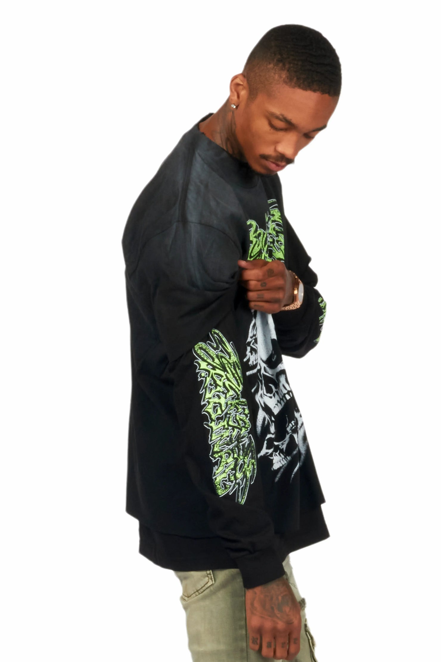 Schtupp Black Double Layer Long Sleeve Graphic T-Shirt