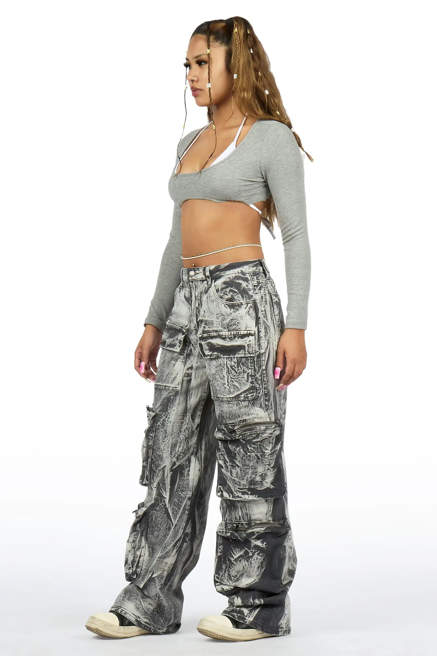 Malaika Grey Cargo Stacked Jean