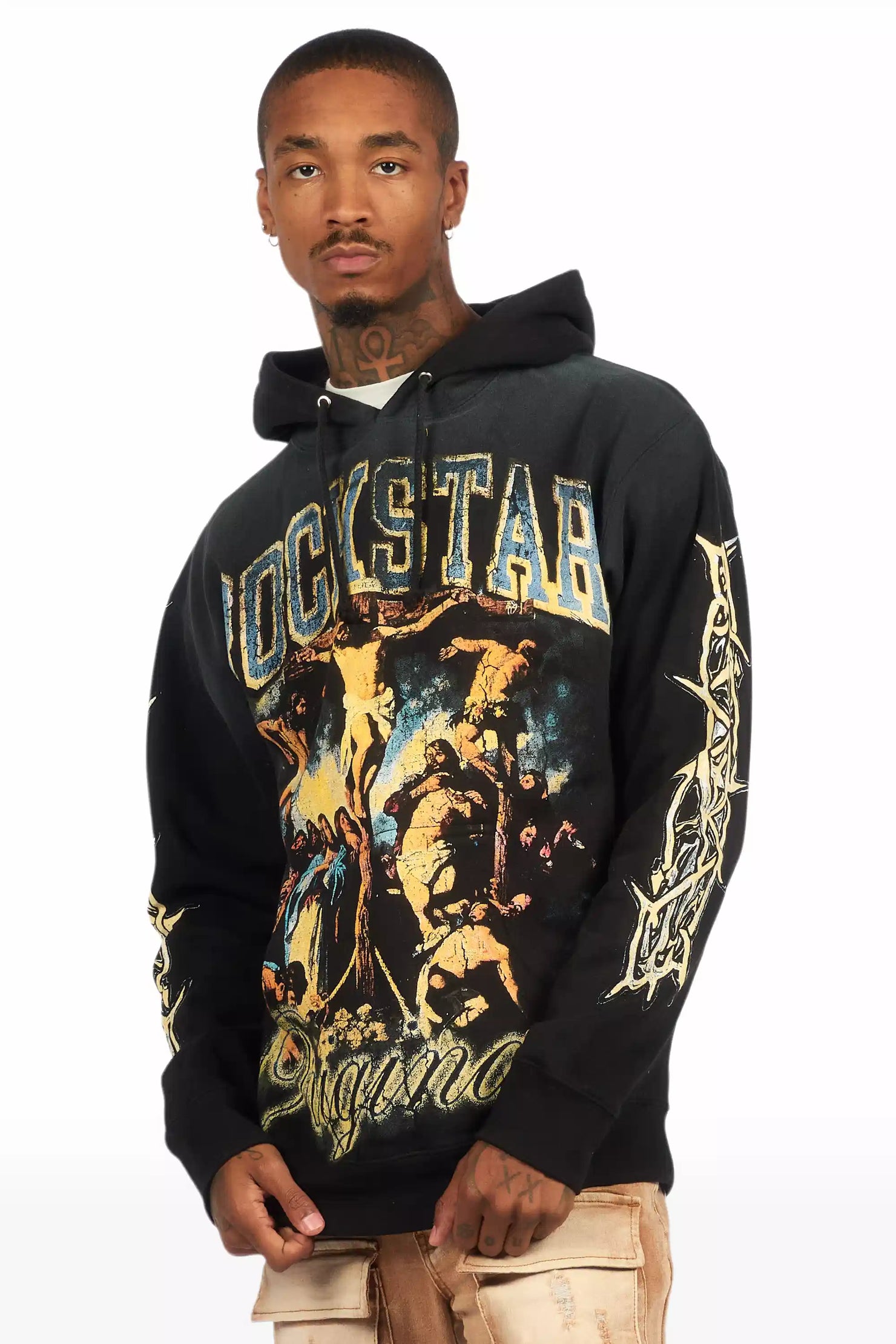 Waller Black Graphic Distressed Hoodie