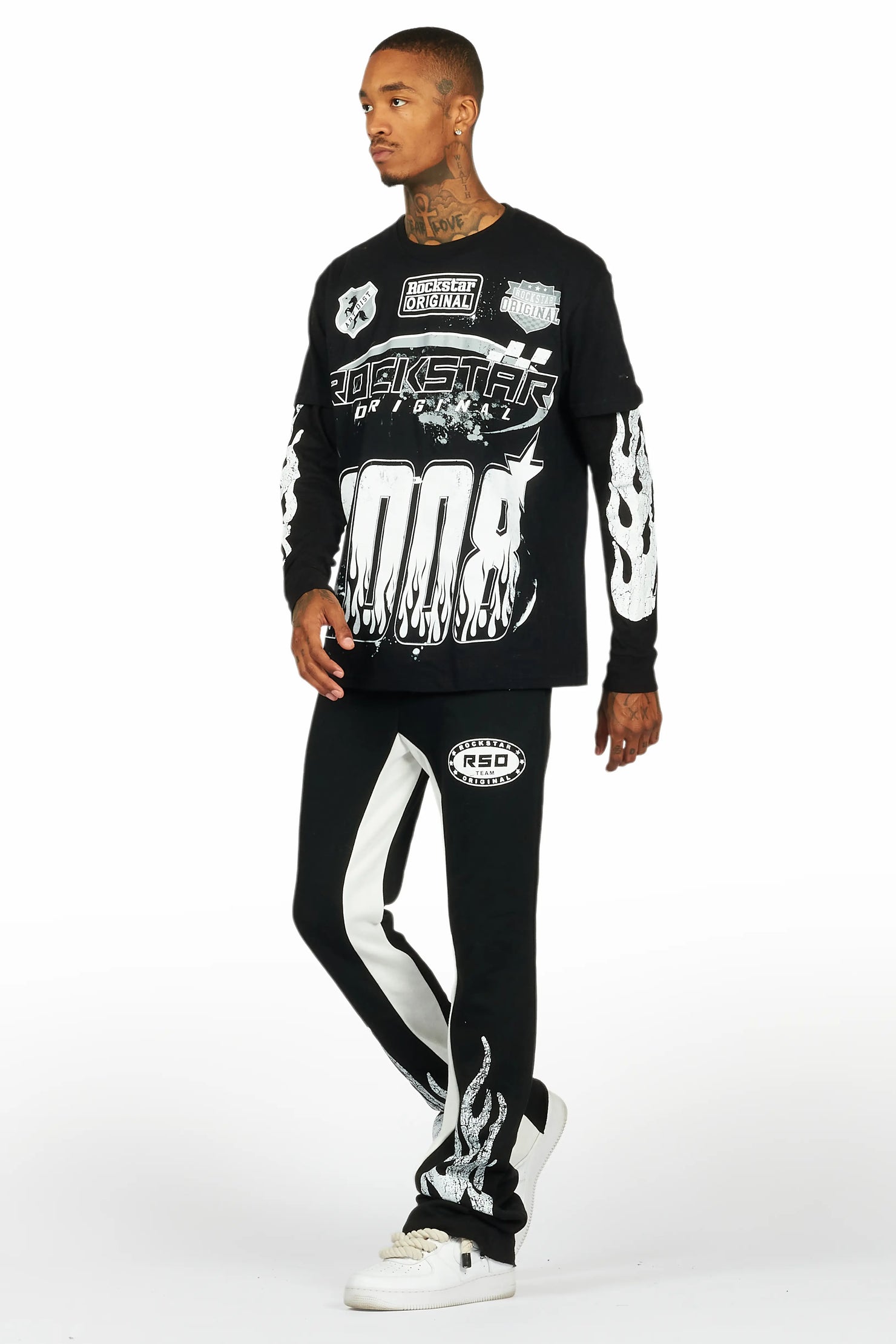 Amos Black Double Layer T-Shirt/Stacked Baggy Pant Set