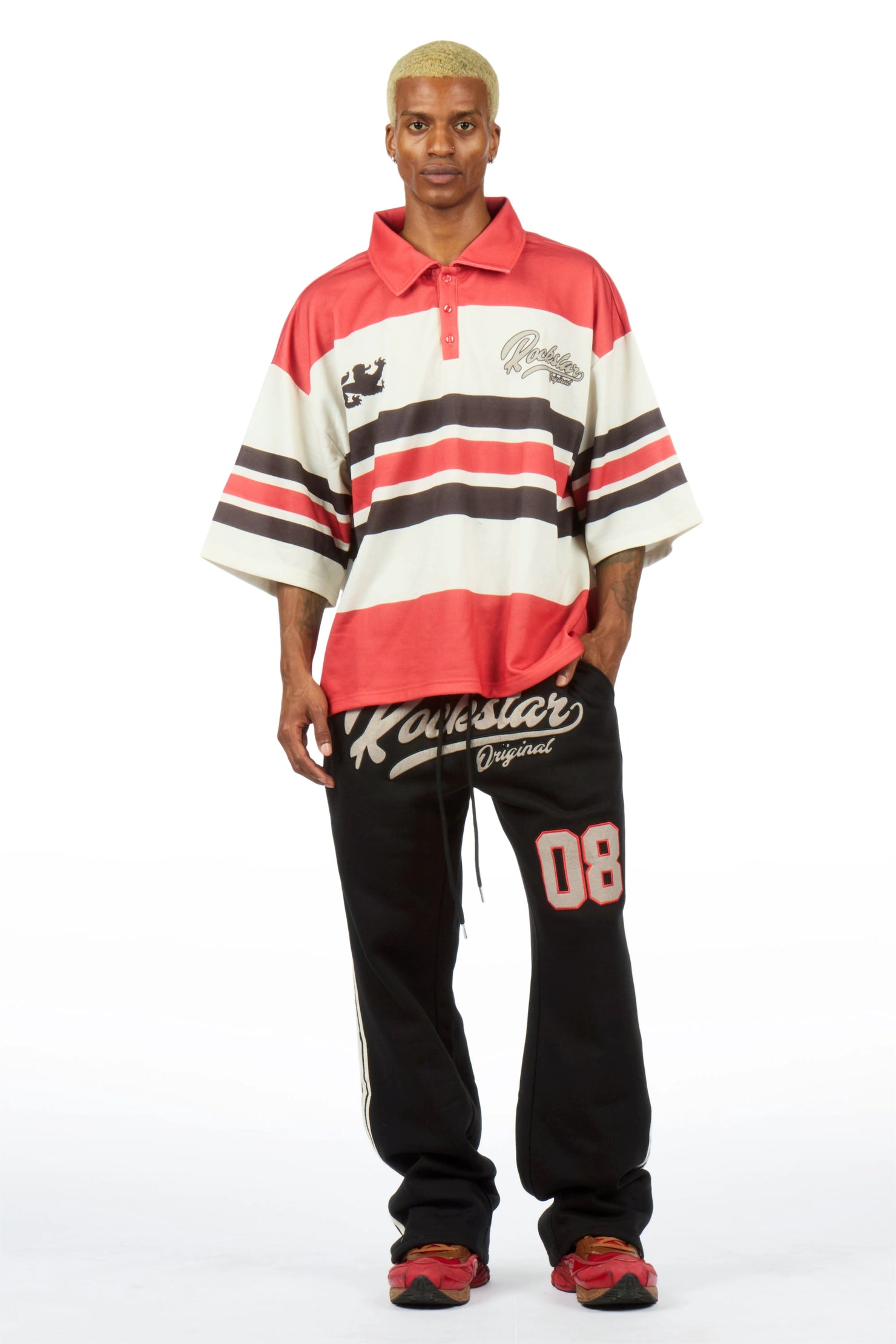 Yazan Red Crop Boxy Polo/ French Terry Relaxed Pant Track Set