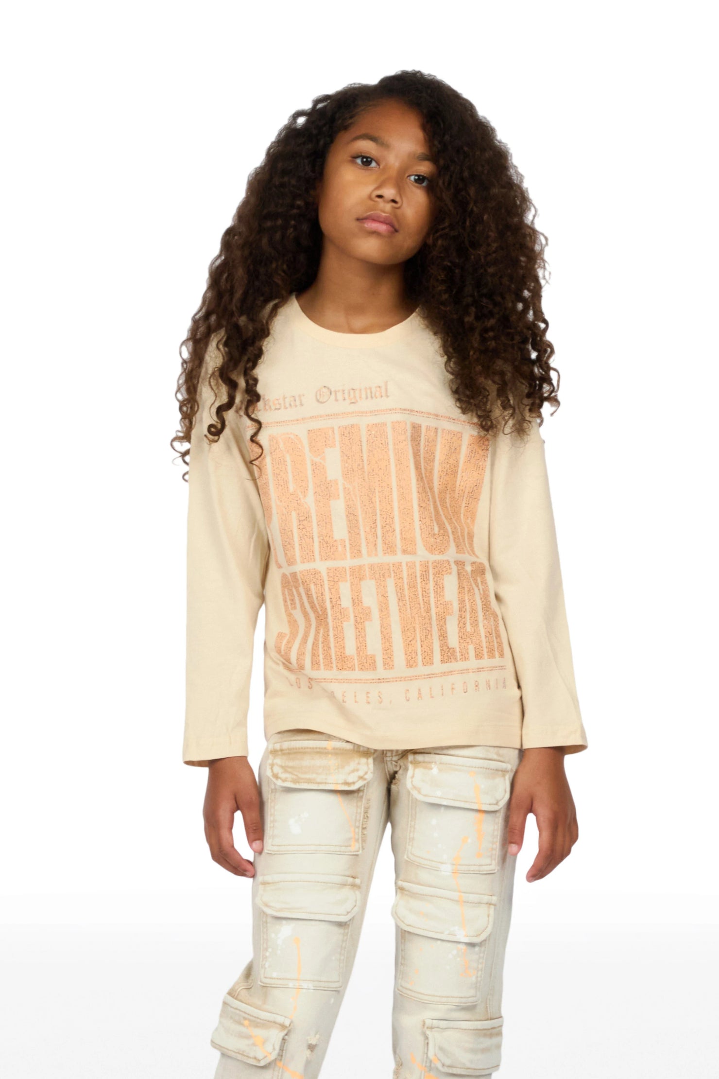 Girls Pluty Beige Long Sleeve T-Shirt Stacked Painter Jean Set