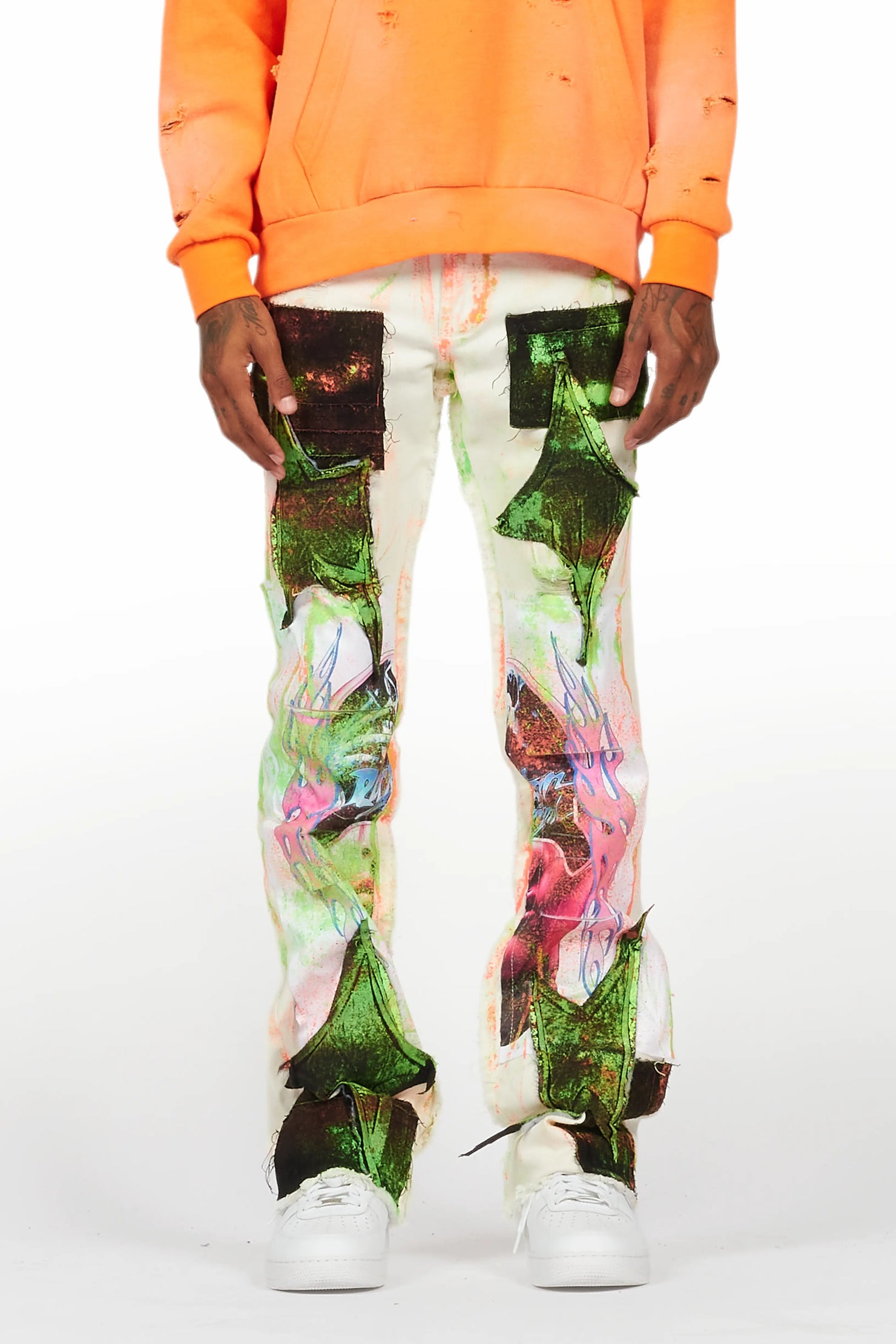 Helki Beige/Green Roller Paint Stacked Flare Jean