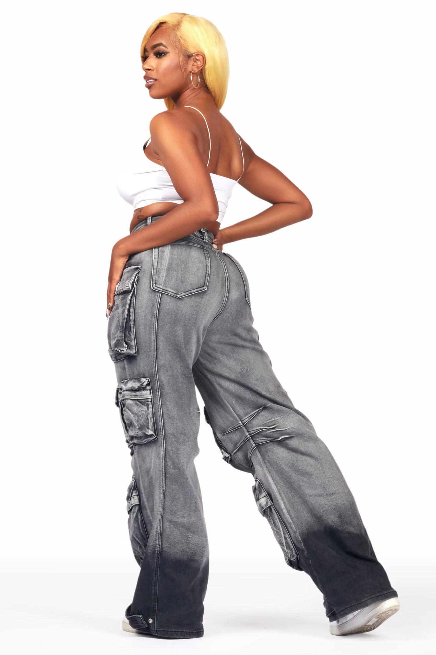 Nakia Grey Wash Cargo Wide Leg Jean