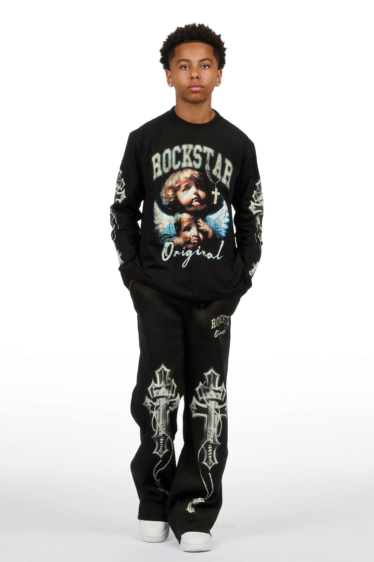 Boys Deiter Black/Black Long Sleeve  Graphic T-Shirt Track Set