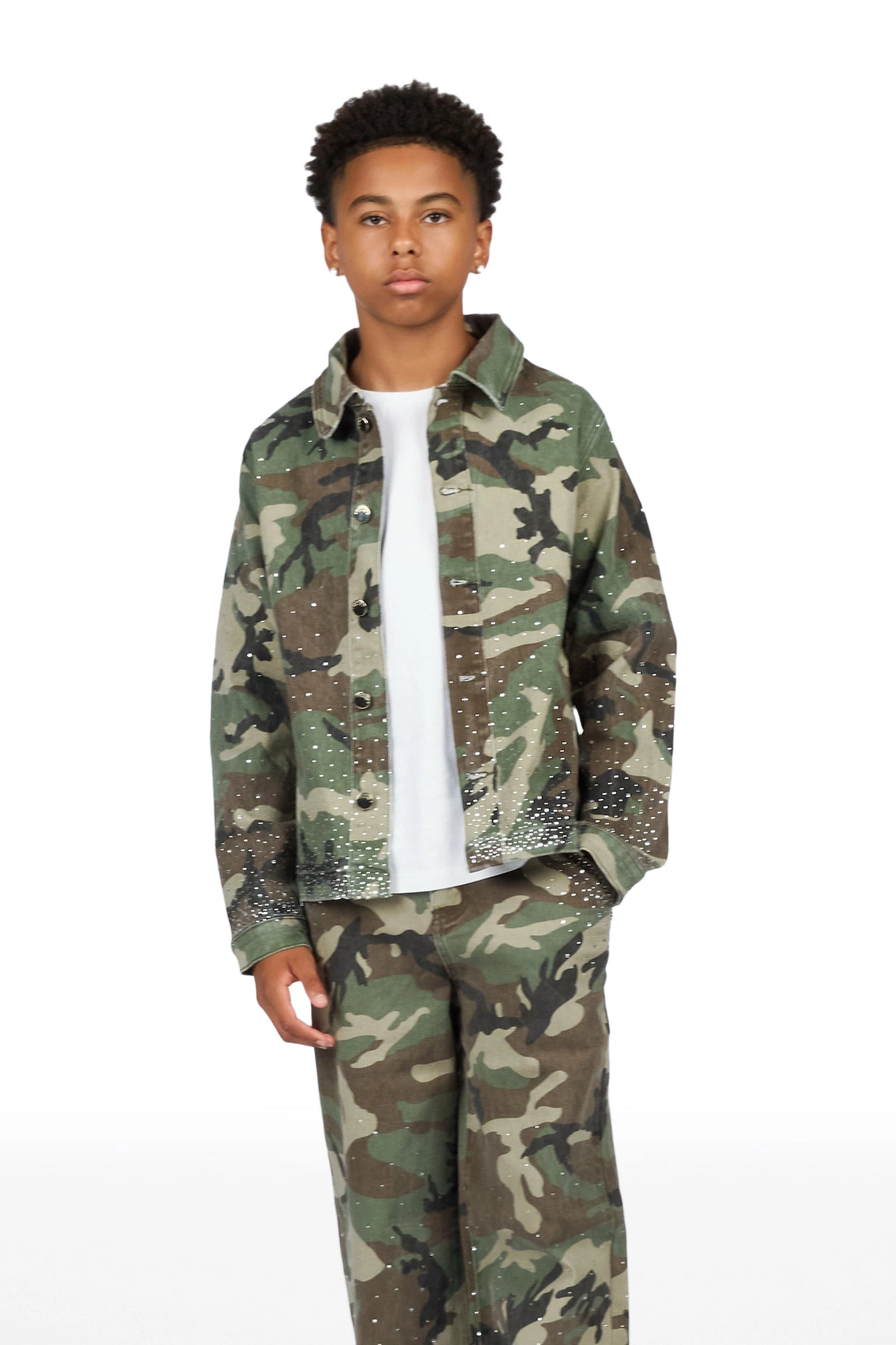Boys Xyler Green Camo Rhinestone Button Down Shirt/Relaxed Jean Set