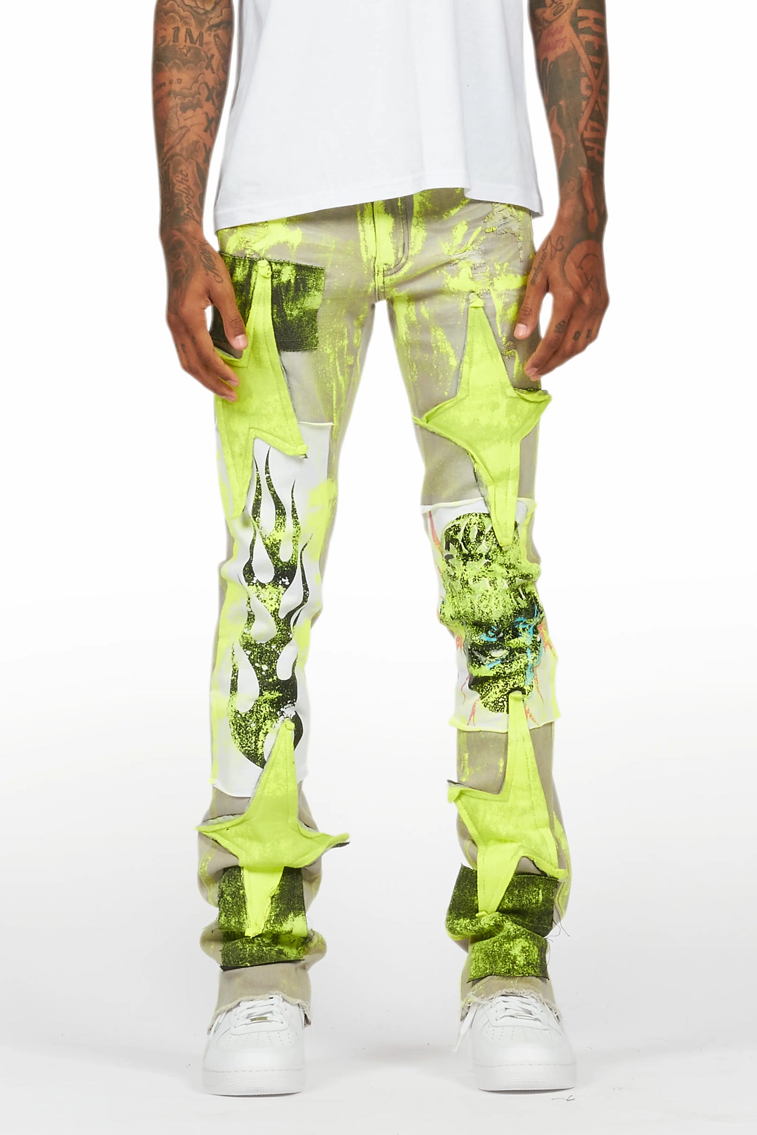 Edge Grey/Yellow Roller Paint Stacked Flare Jean