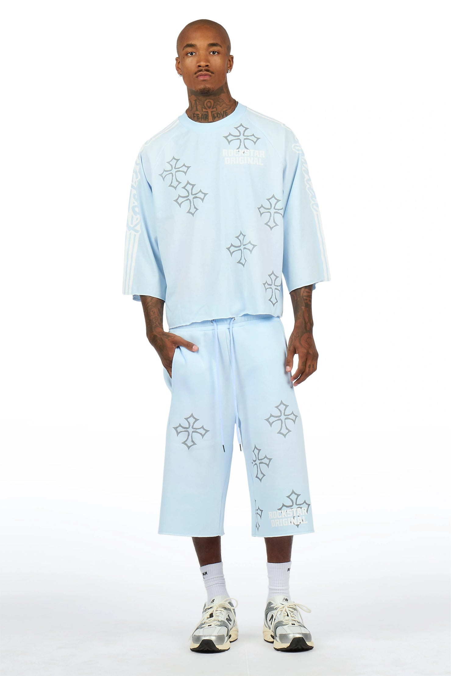 Osso Sky Blue 3/4 Sleeve T-Shirt Double Waisted Jort Set