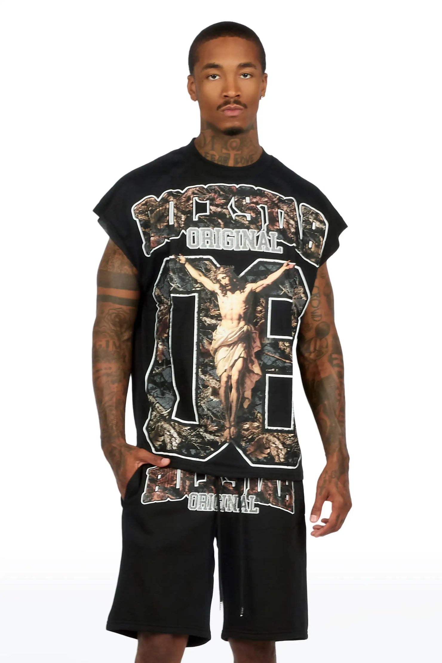 Fields Black Cut Sleeve T-Shirt Short Set