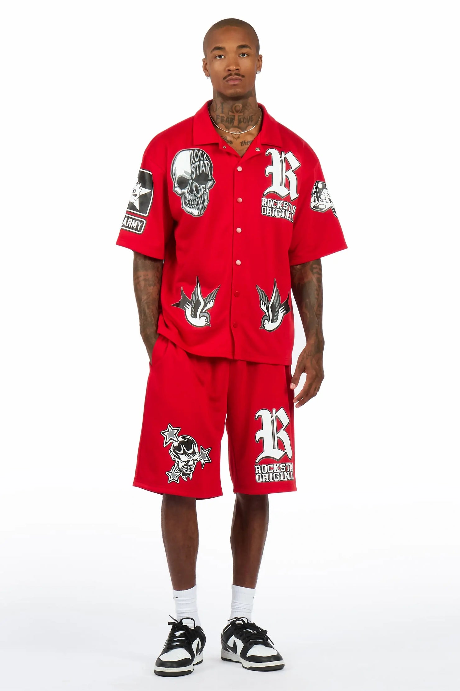 Vidar Red Button Down T-Shirt/Short Set