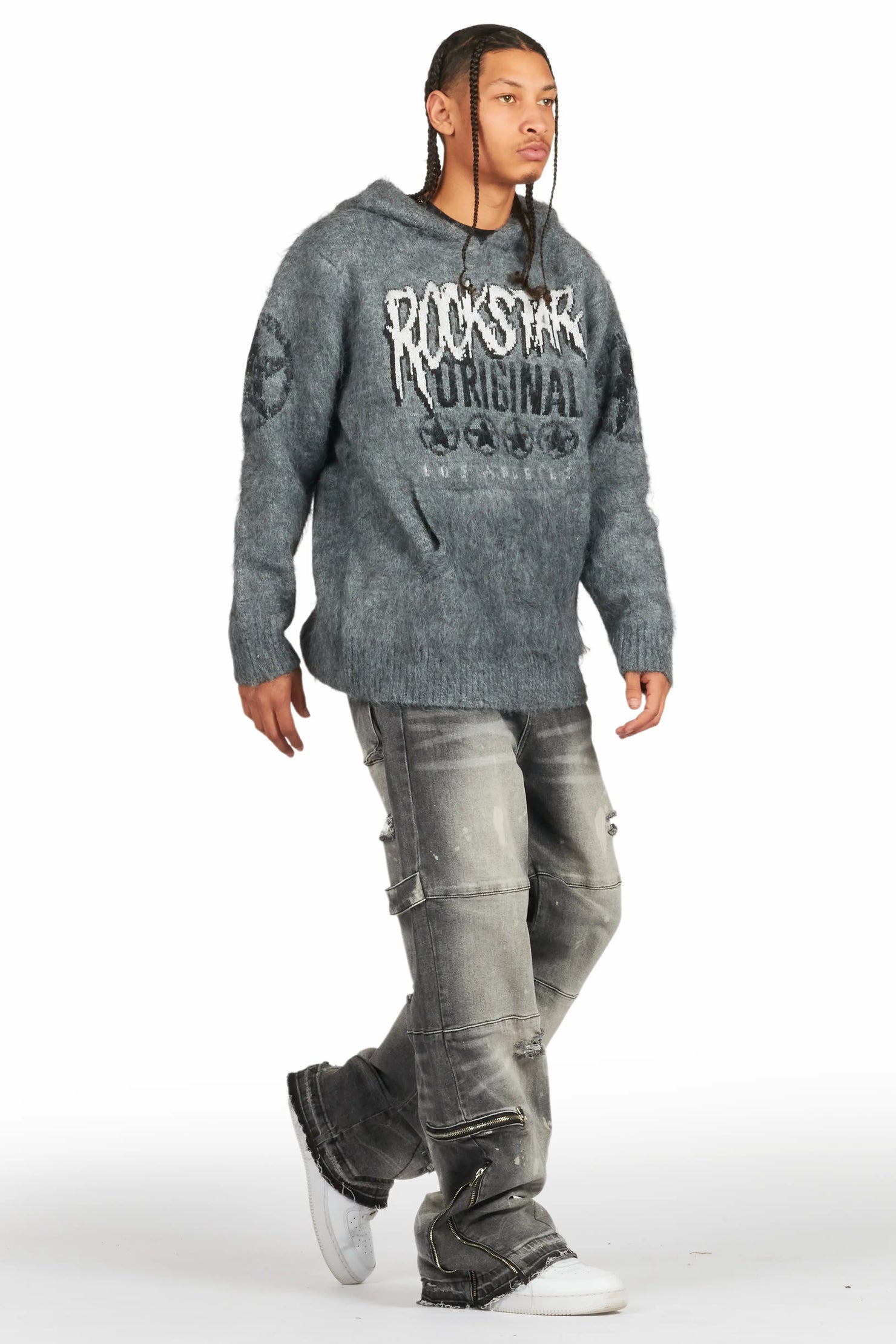 Wizzurd Grey Graphic Knitted Hoodie
