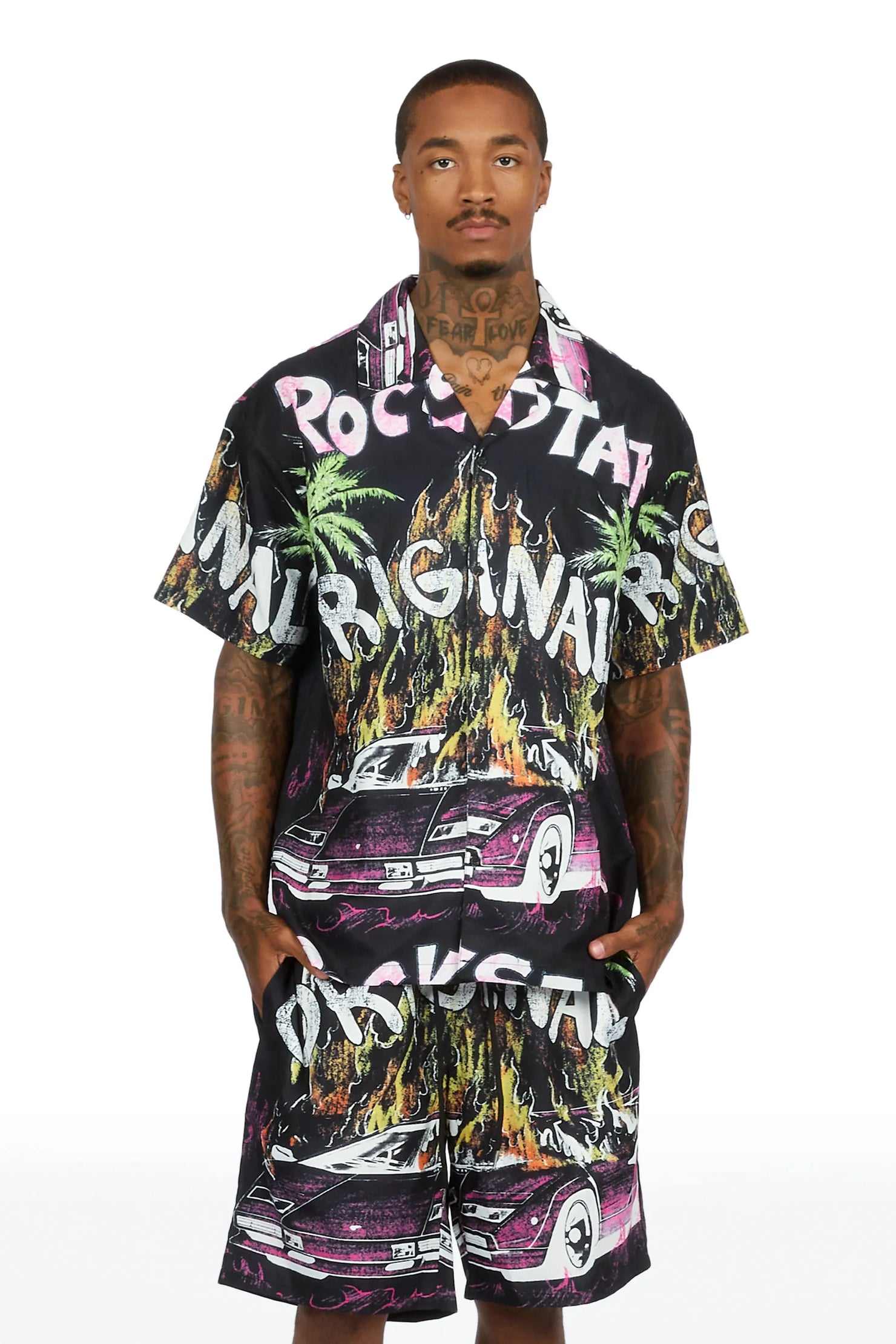 Axrian Black Button Down T-Shirt/Short Set