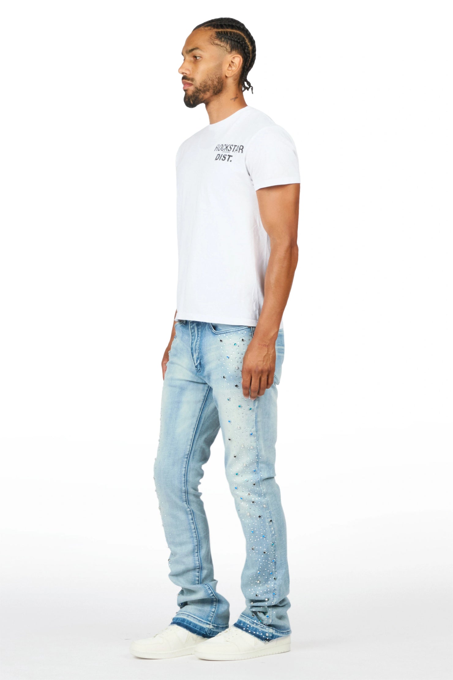 Monty Light Blue Rhinestone Studded Stacked Flare Jean
