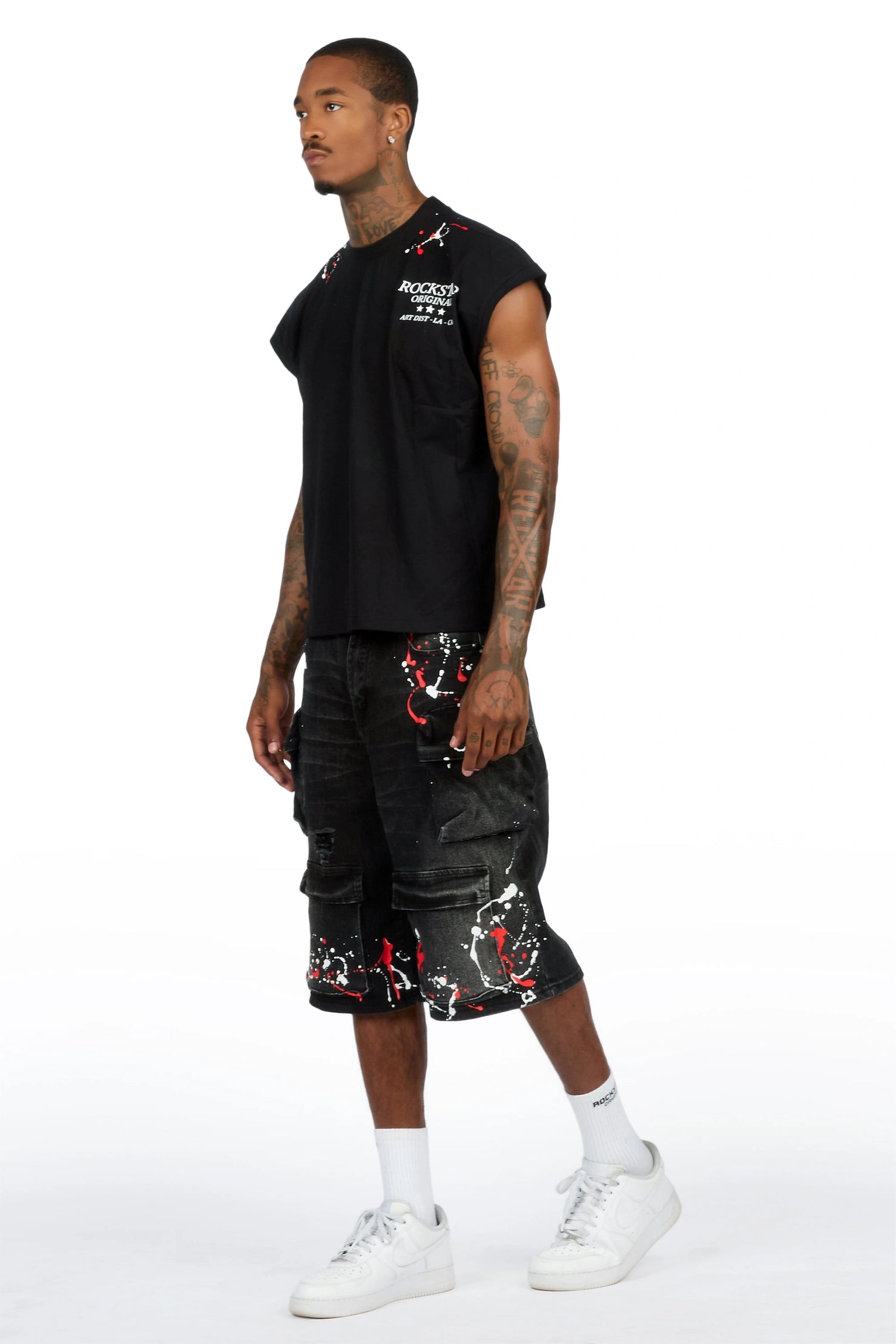Saxon Black Graphic Cut Sleeve T-Shirt Denim Short Set