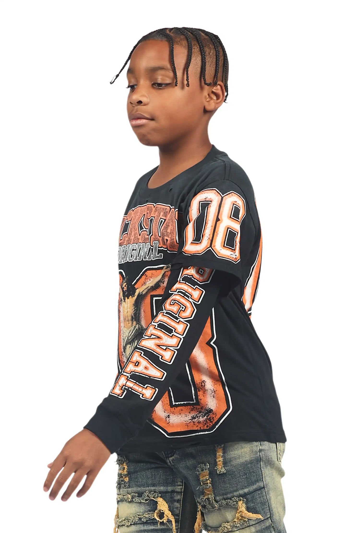 Boys Fields Black/Orange Double Layer L/S Graphic T-Shirt