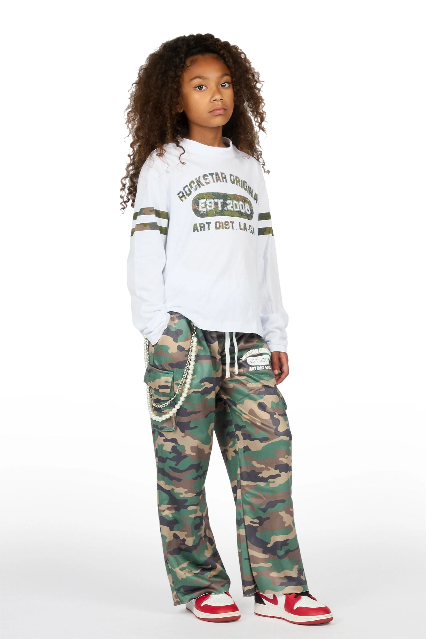 Girls Alexa White/Camo Long Sleeve Shirt Double Waisted Super Baggy Track Set