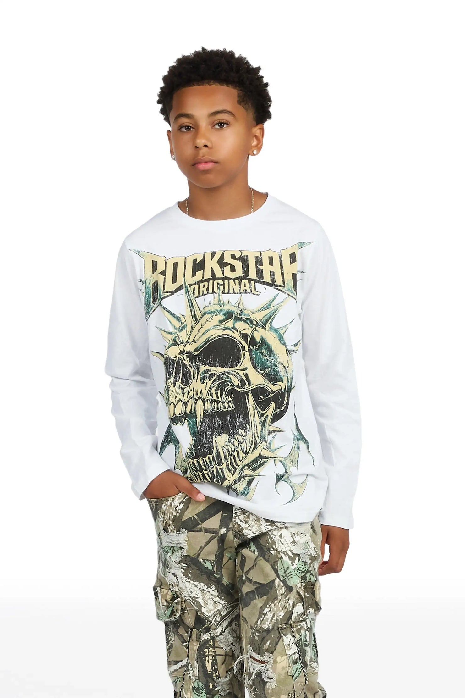 Boys Boos White/Tree Camo Long Sleeve T-shirt Stacked Jean Set