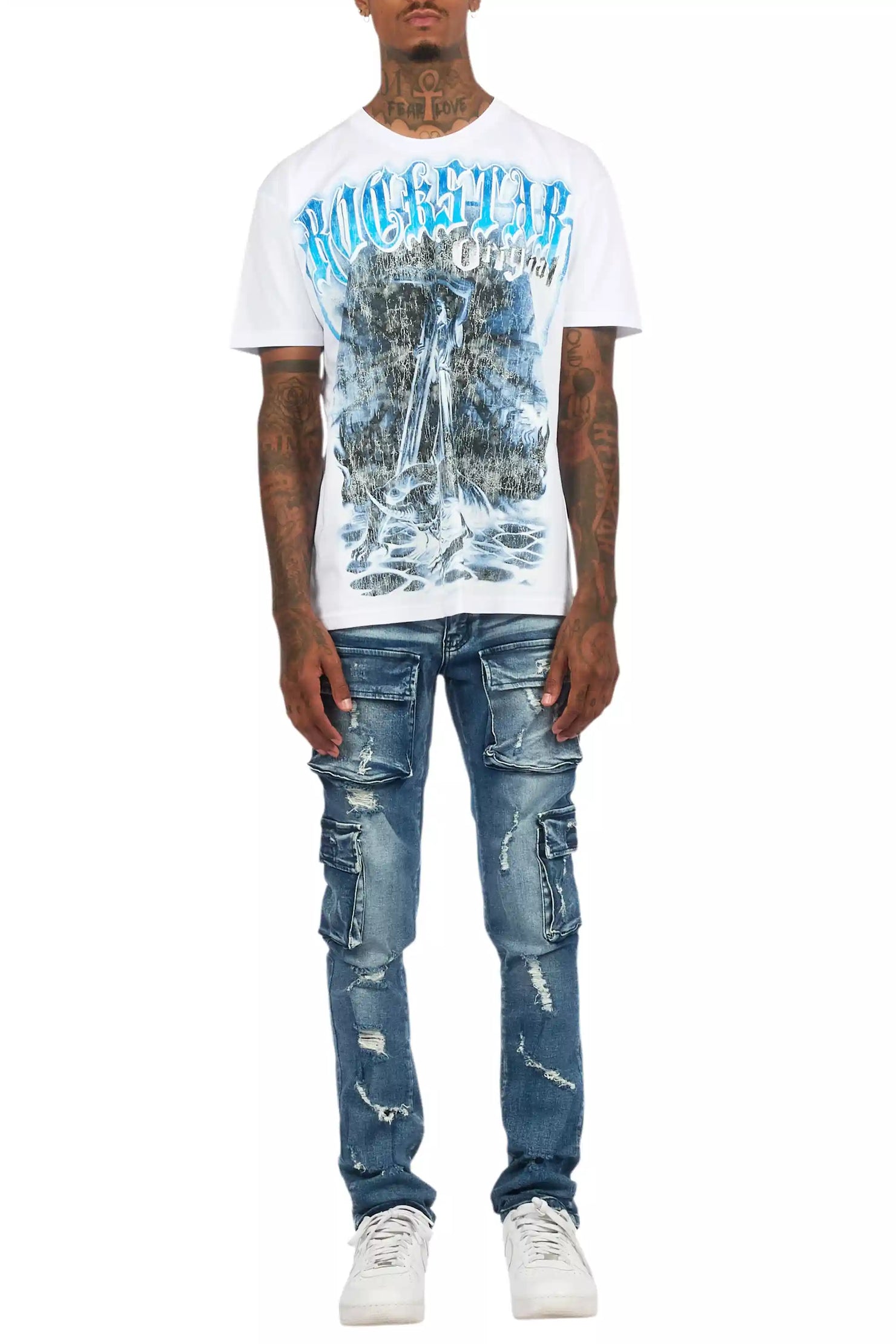 Renzo White/Blue Oversized Graphic T-Shirt