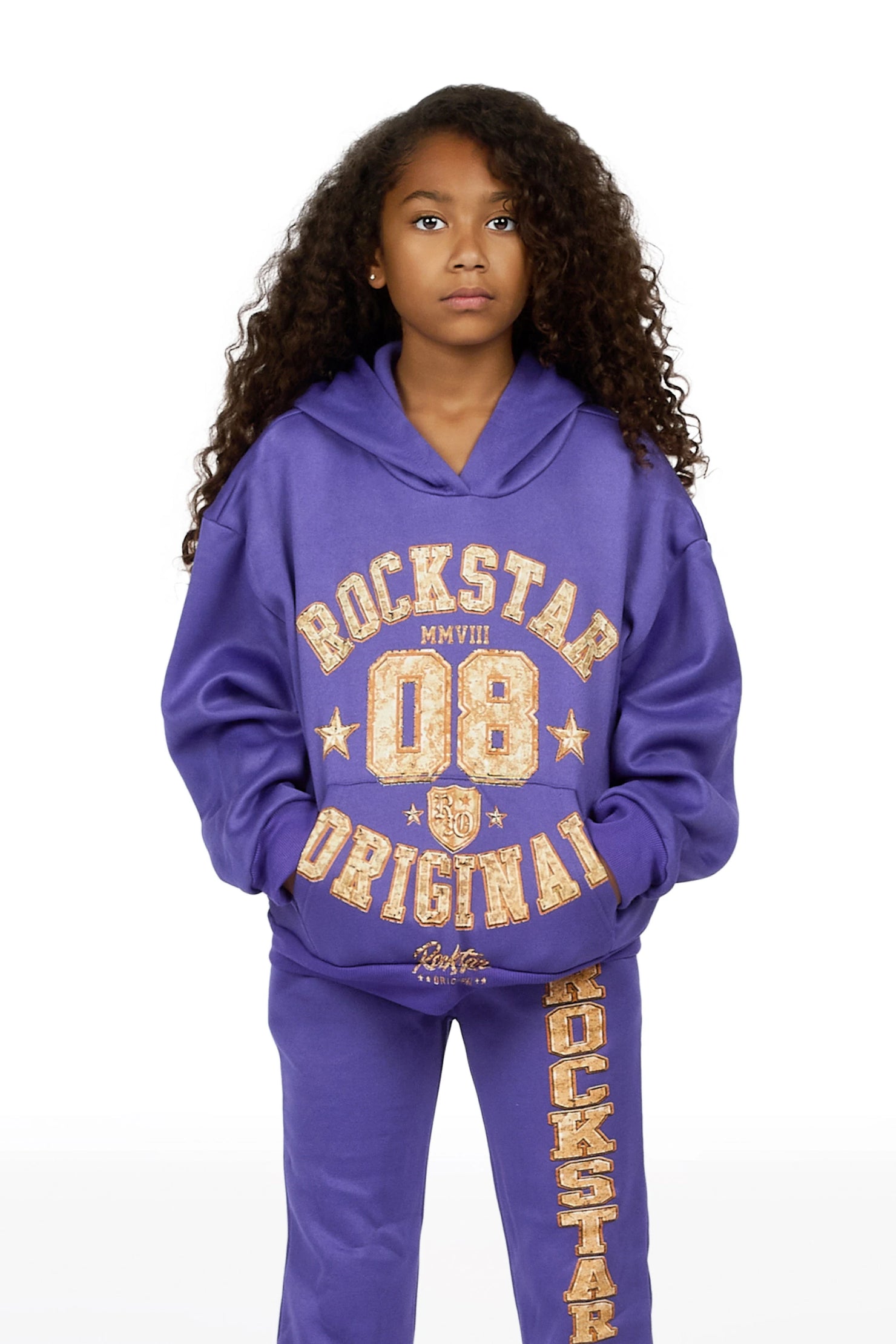 Girls Atrameny Purple/Cream Stacked Hoodie Track Set